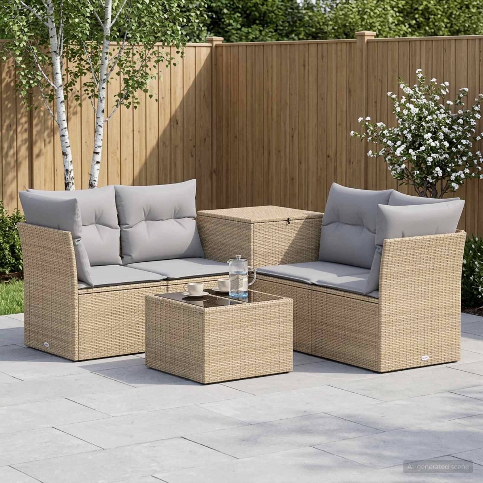 Sitzmöbelgarnitur für die Außenterrasse mit zwei Korbsofas, passendem Tisch und Kissen auf einer gefliesten Terrasse neben einem Holzzaun und Bäumen.