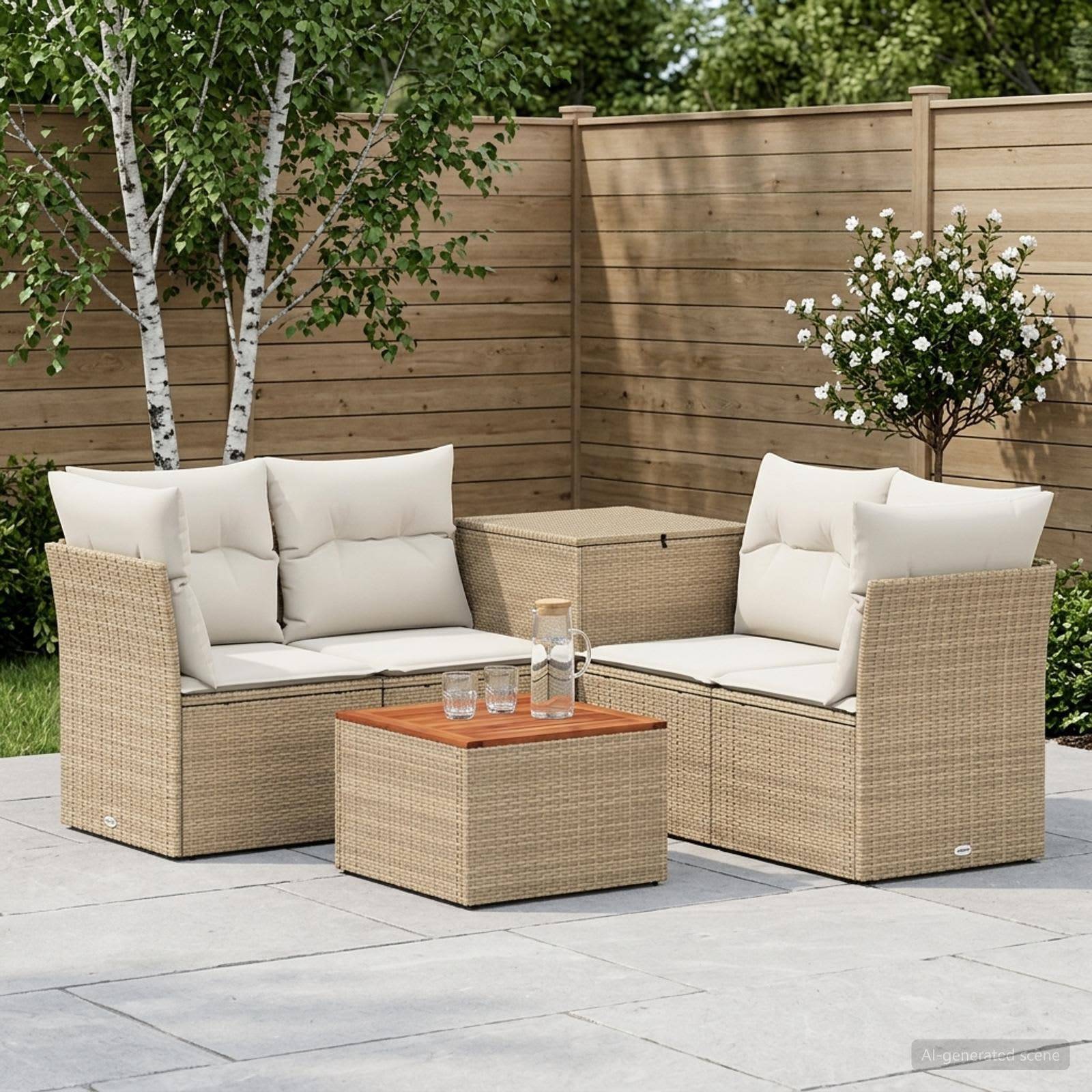 Sitzgruppe für die Terrasse im Freien mit zwei beigen Rattansofa, einem passenden Couchtisch und Kissen auf einer Steinterrasse neben einem Holzzaun und Bäumen.