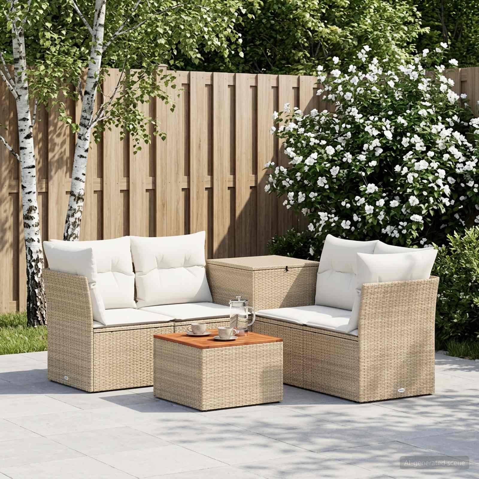 Outdoor-Terrassenbestuhlung mit zwei Korbfauteuils, einem passenden Ottomanen-Tisch und weißen Kissen neben einem Holzzaun und einem blühenden Strauch.
