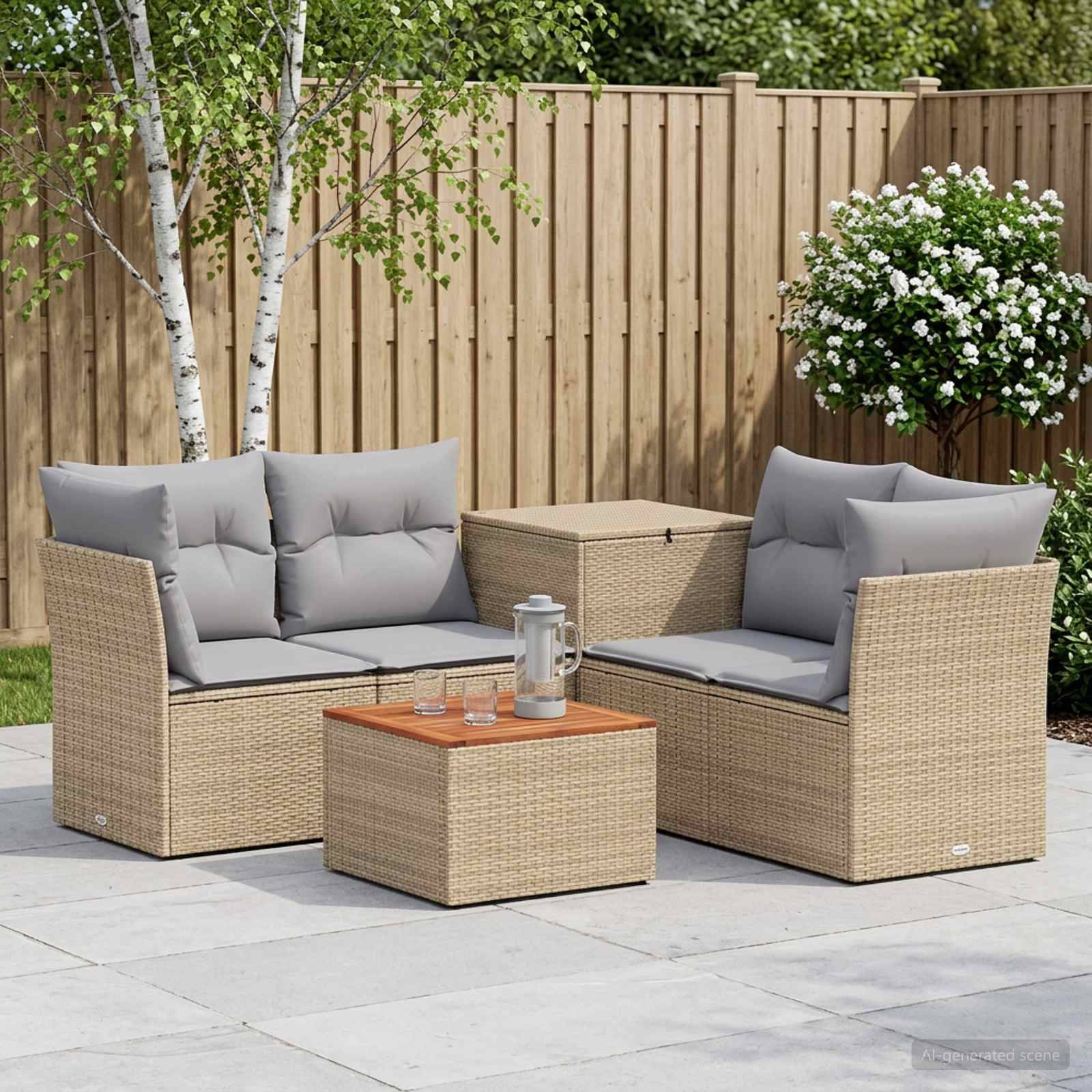 Gartenmöbel-Sitzgruppe für die Terrasse mit zwei Korbsofas, passendem Ottomane-Tisch, grauen Kissen und einem kleinen Couchtisch auf einem gepflasterten Hof
