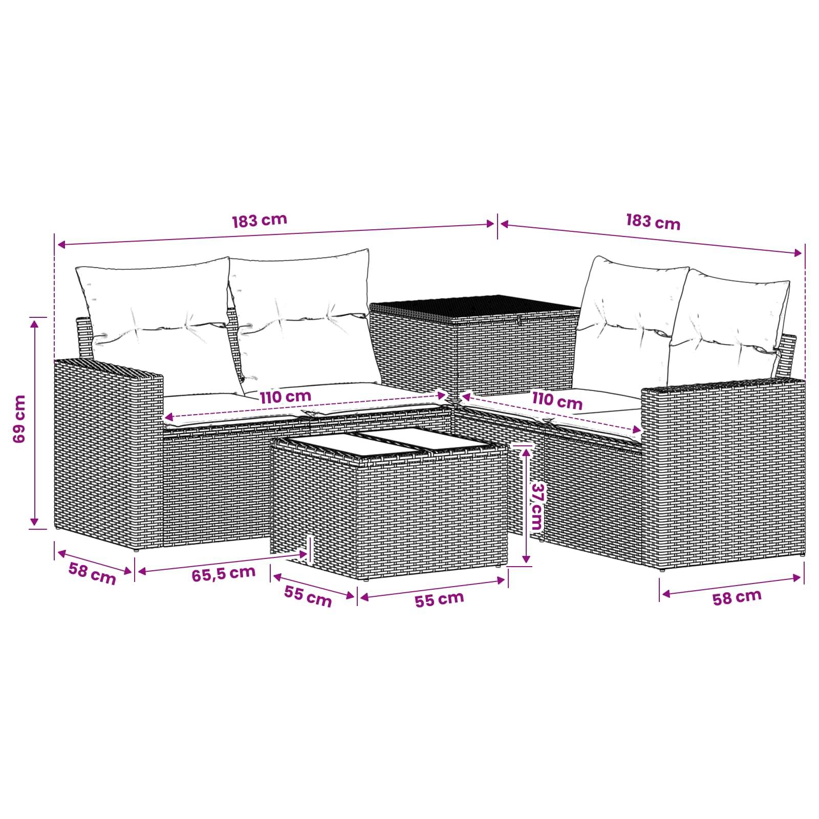 Diagramm einer Gartensitzgruppe aus Polyrattan mit zwei Zweisitzern, Eckeinheit und Couchtisch mit folgenden Abmessungen: 183 cm breite Abschnitte, 69 cm hoch, 58–65,5 cm tief, Tisch 55 x 55 x 37 cm.
