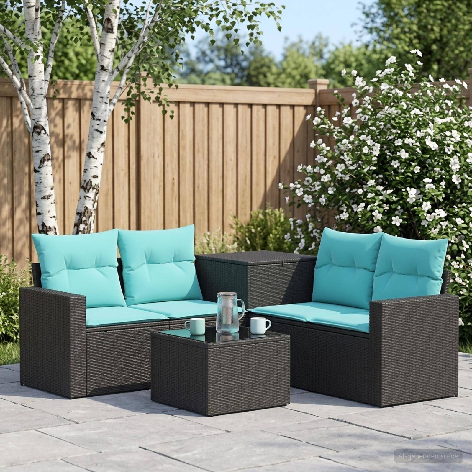 Outdoor-Sitzgarnitur für die Terrasse mit zwei Korbsofas, türkisfarbenen Kissen, Couchtisch und Getränken in einem landschaftlich gestalteten Hinterhof.