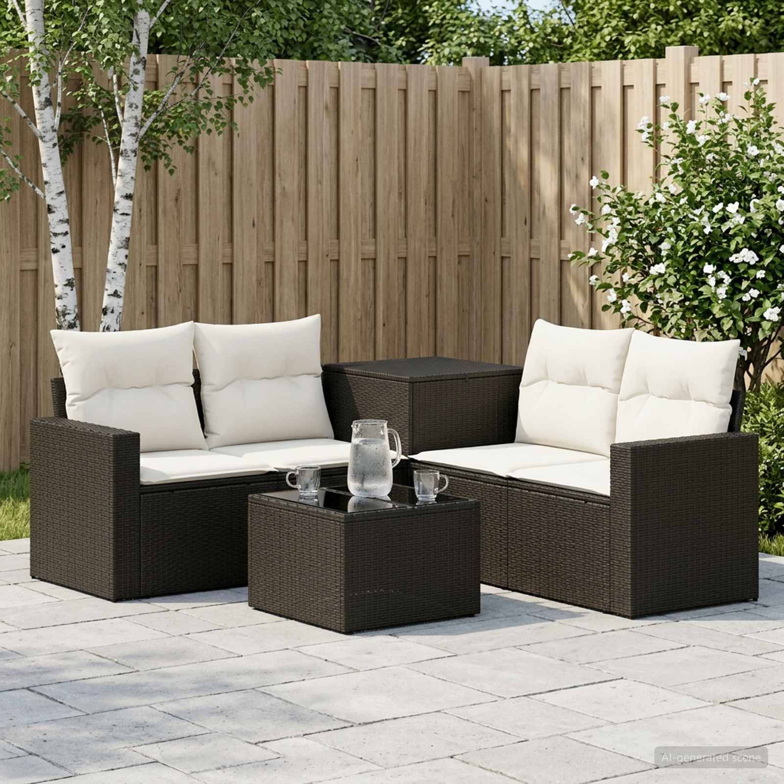 Outdoor-Terrassenmöbel-Set mit zwei gepolsterten Rattansofas, einem passenden Tisch und einem kleinen Getränketisch auf einer Steinterrasse neben einem Holzzaun und Sträuchern.