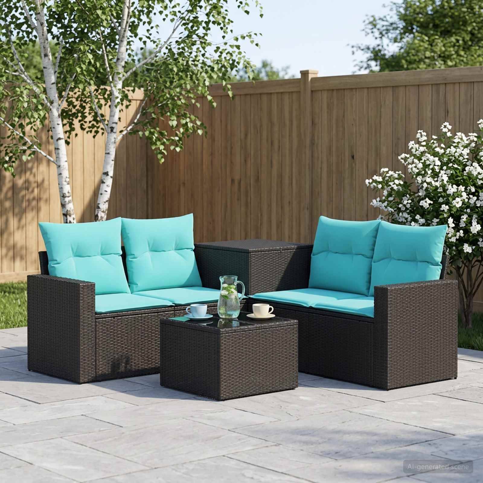 Gartenbesteck im Freien mit zwei braunen Korbsofas, türkisfarbenen Kissen und einem passenden Couchtisch auf Steinpflaster neben einem Holzzaun und Blumen.