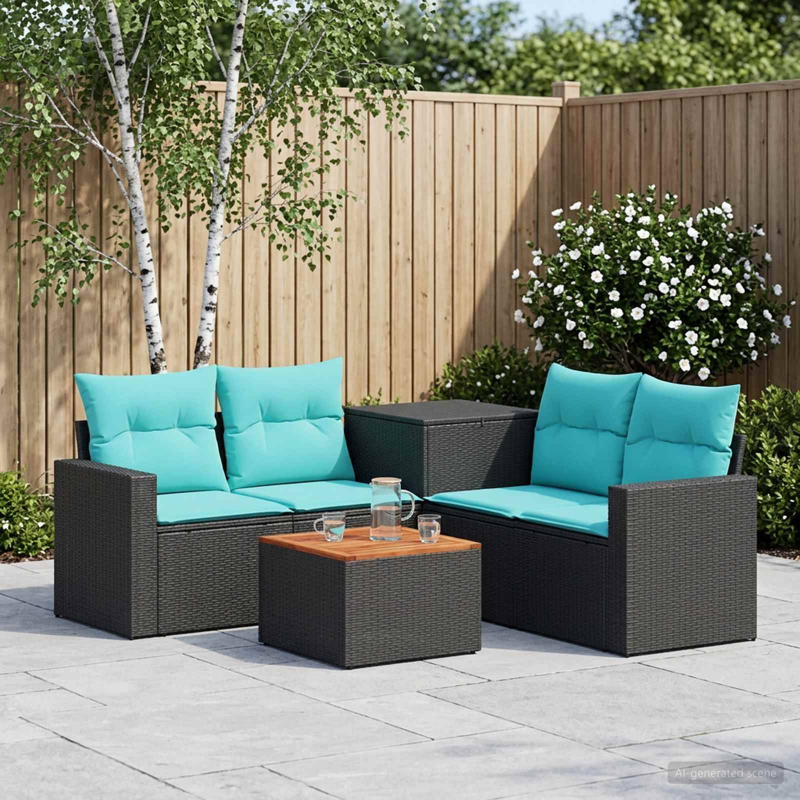 Gartenlounge-Set mit zwei dunklen Korbmöbeln-Zweisitzern, türkisfarbenen Kissen und passendem Couchtisch in einem eingezäunten Garten.