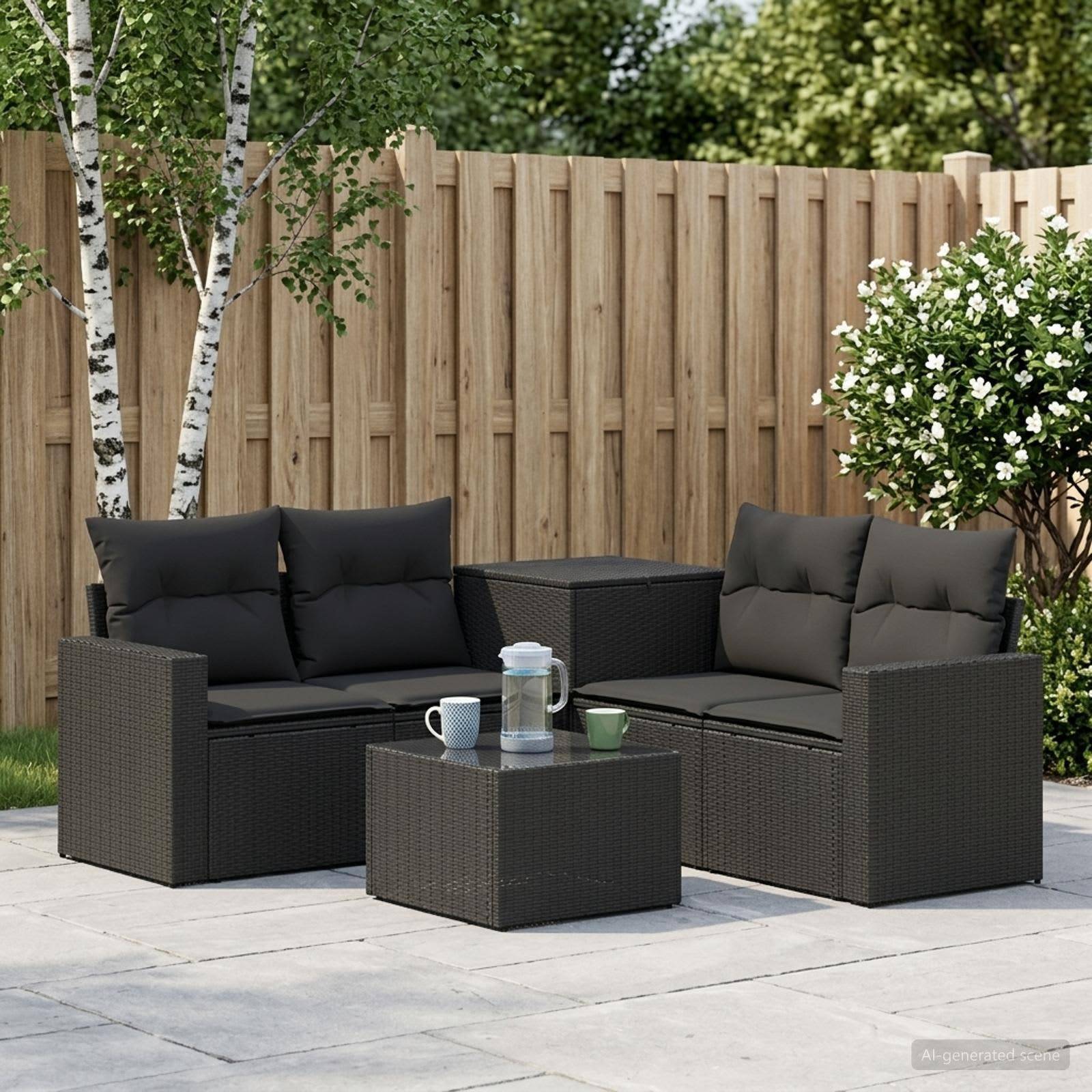 Außenpatio mit dunklem Rattansektionalsofa, Couchtisch und Getränken auf Steinpflaster vor einem Holzzaun und Sträuchern.