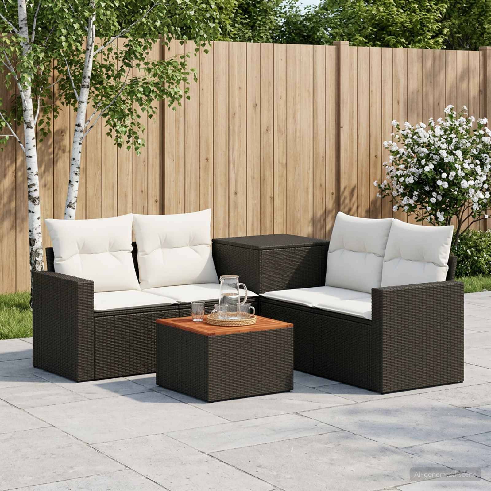 Outdoor-Sitzkombination für die Terrasse mit zwei dunklen Rattan-Zweisitzern, Kissen und einem dazu passenden Tisch auf einer Steinterrasse neben einem Holzzaun und Grünflächen.