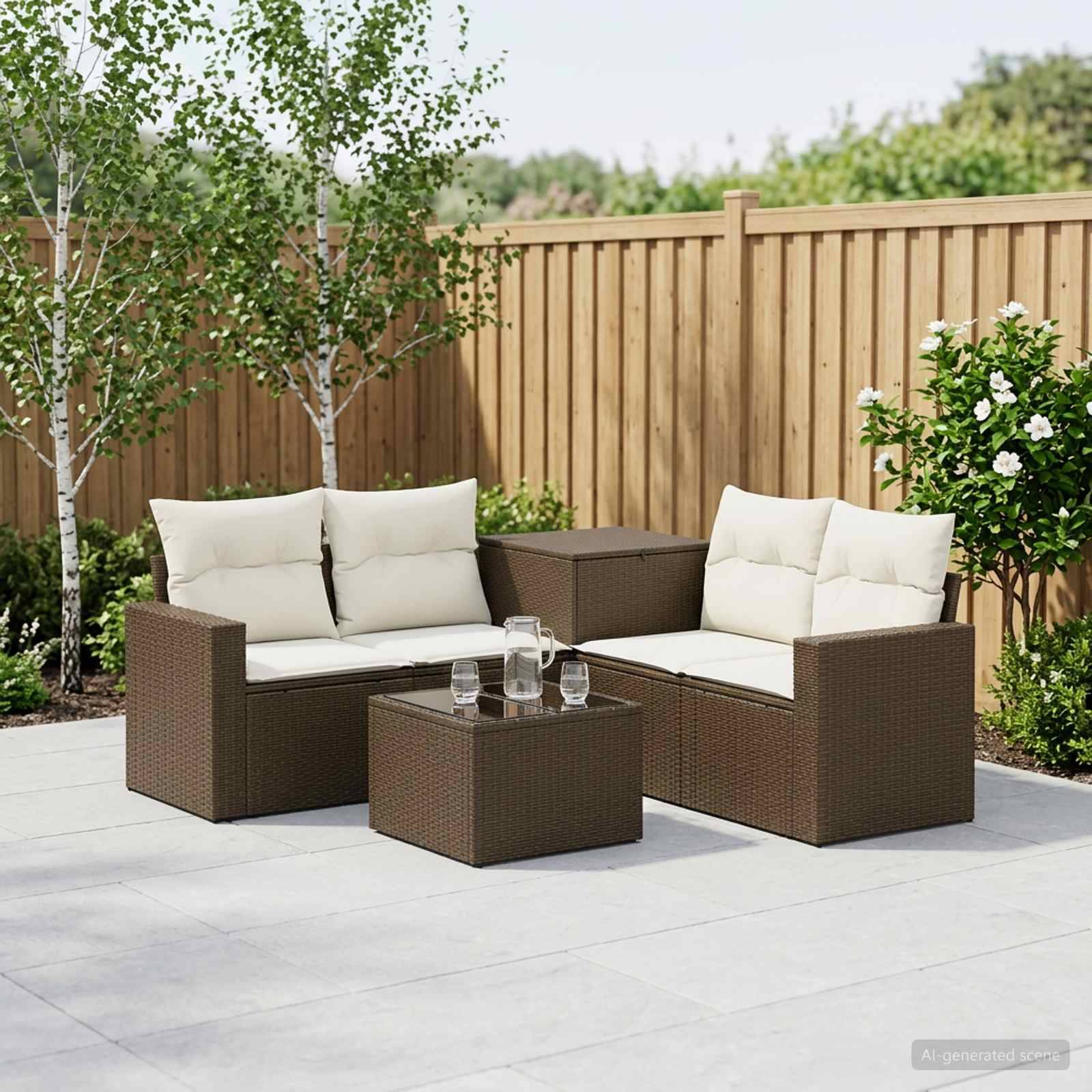 Außenbereich einer Terrasse mit zwei Korbflecht-Zweisitzern, Couchtisch und Kissen in einem gestalteten Garten neben einem Holzzaun.