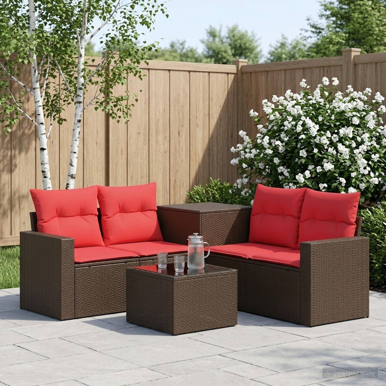 Outdoor-Sitzgarnitur für die Terrasse mit zwei braunen Korbliebessitzen, roten Kissen und einem passenden Couchtisch auf einem gepflasterten Hof neben einem Holzzaun und blühenden Sträuchern.