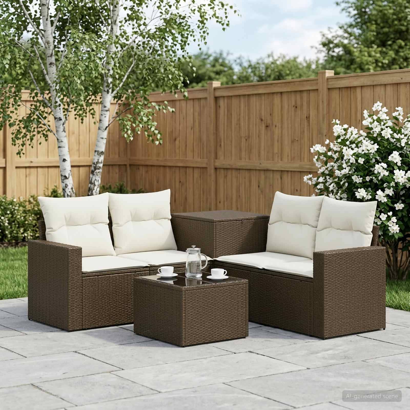 Outdoor-Sitzgarnitur mit zwei gepolsterten Rattansofas, einem passenden Couchtisch und einem Beistelltisch in einer eingezäunten Gartenanlage.