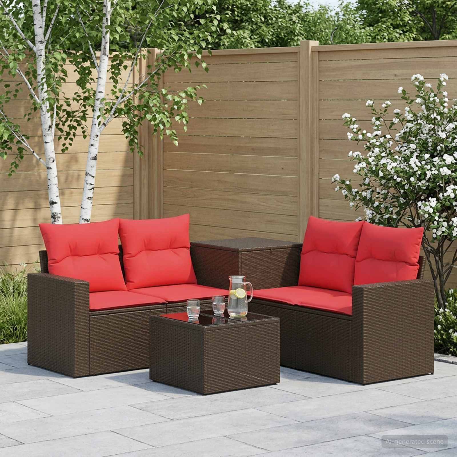 Gartenmöbel-Set für die Terrasse mit zwei braunen Rattanliebesitzen, roten Kissen und einem passenden Couchtisch auf einer Steinterrasse neben einem Holzzaun und blühenden Sträuchern.