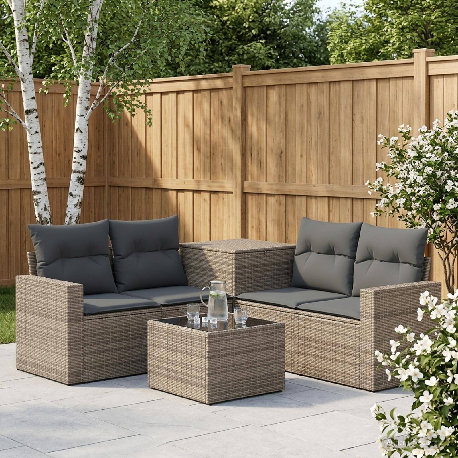 Außenbereich einer Terrasse mit zwei Rattan-Sitzelementen, einem dazu passenden Couchtisch und dunklen Kissen neben einem Holzzaun und blühenden Sträuchern.