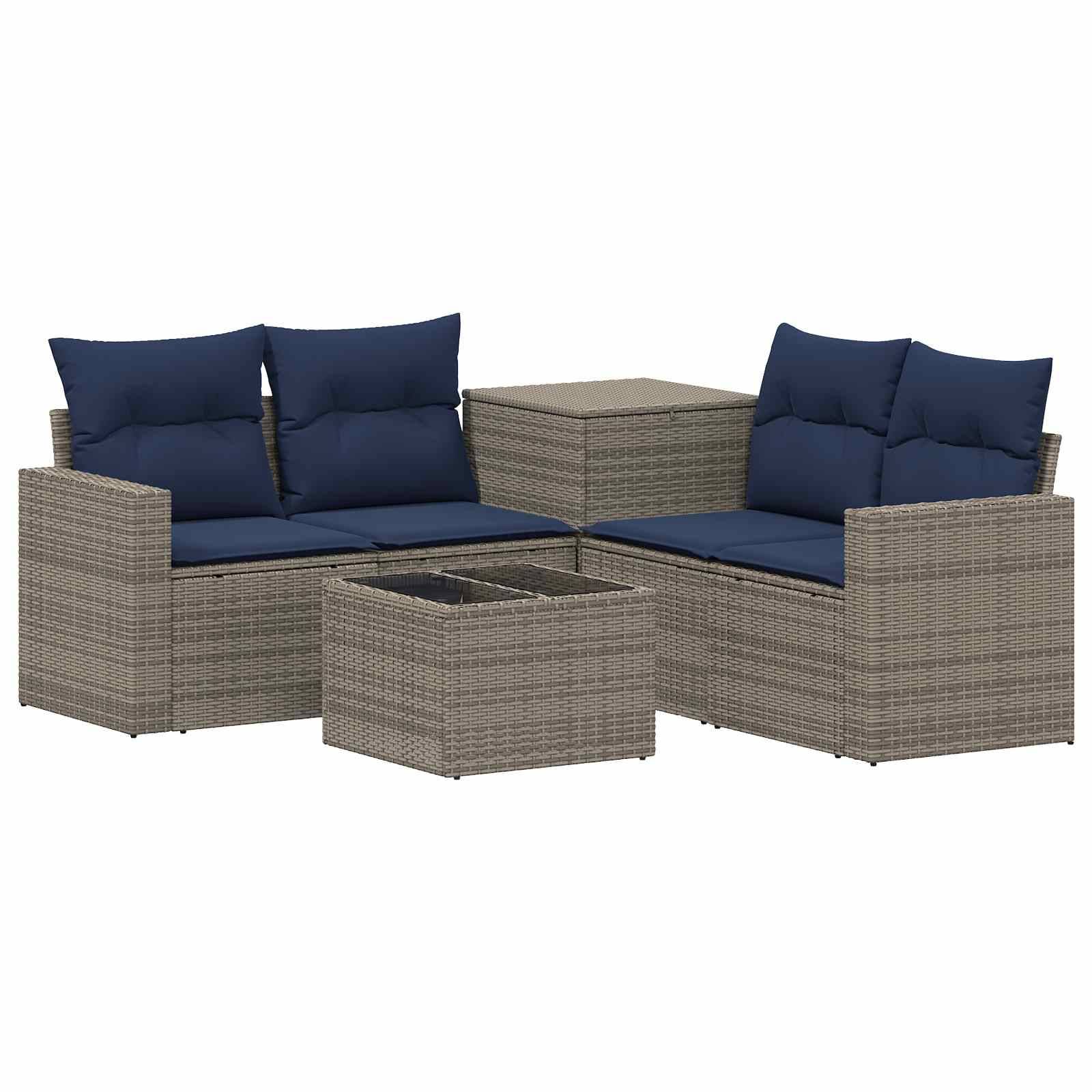 Outdoor-Rattanmöbel-Set für die Terrasse mit zwei blaugepolsterten Sofas, einem passenden Beistelltisch mit Stauraum und einem quadratischen Couchtisch.