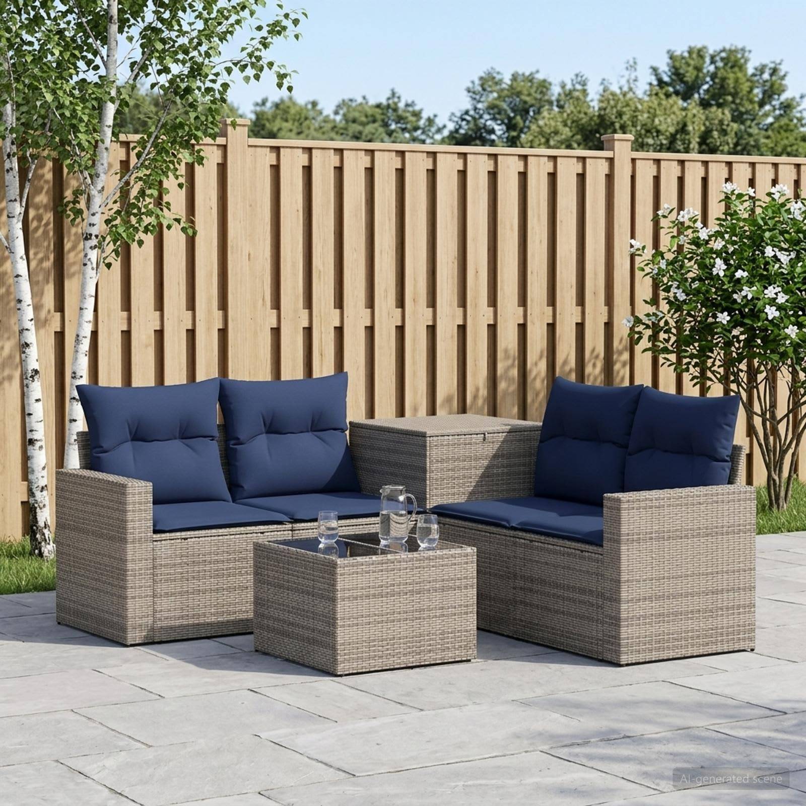 Gartenmöbel-Set für die Terrasse mit zwei Rattansofa, blauen Kissen und einem passenden Tisch auf einer gepflasterten Terrasse neben einem Holzzaun und Bäumen.