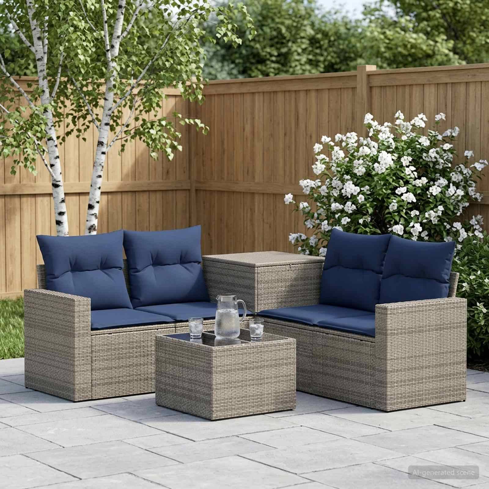 Gartenmöbel-Set im Freien mit zwei Korbsofas, blauen Kissen und einem passenden Tisch in einem Hinterhofgarten.