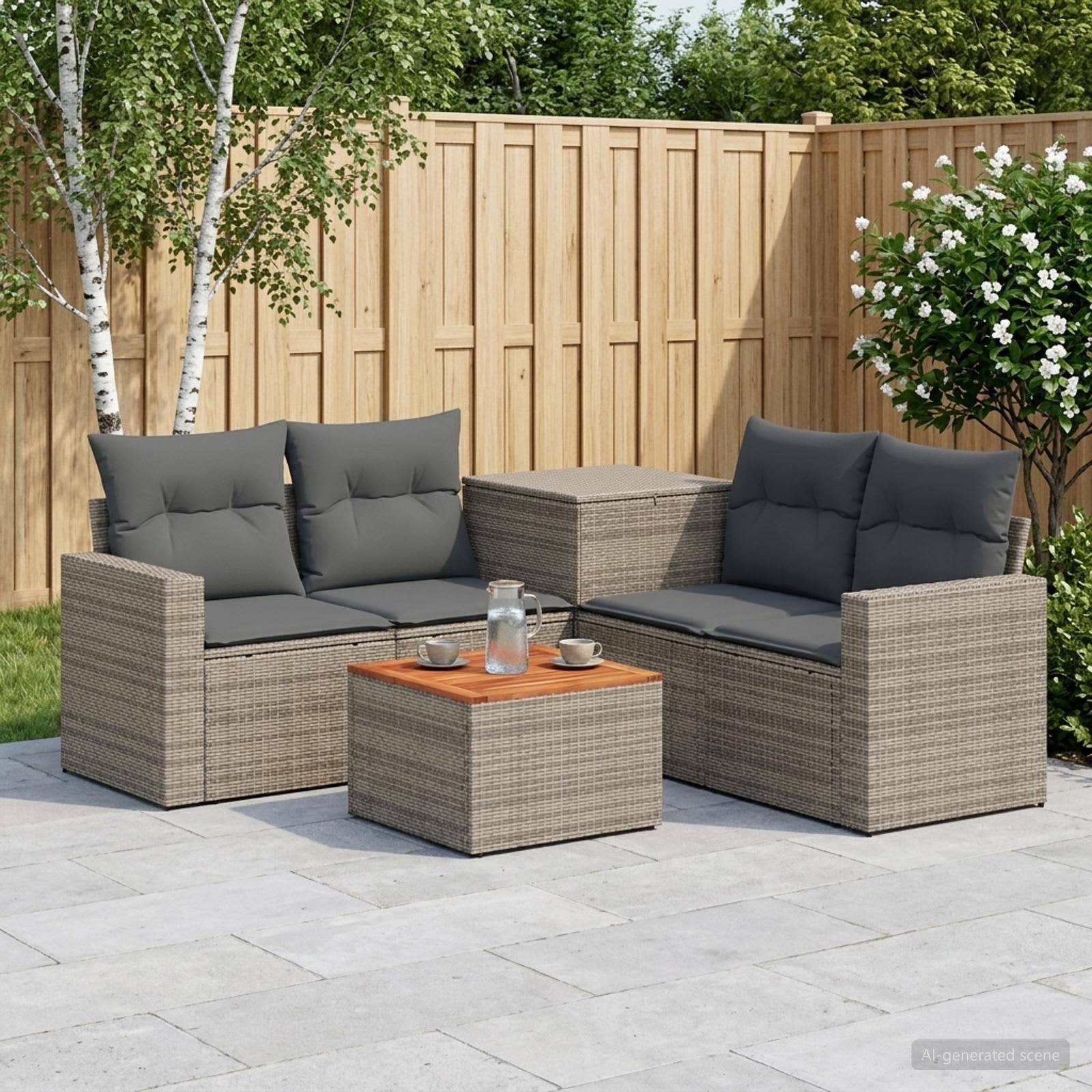Outdoor-Sitzmöbel-Set mit zwei Korbsofas, zwei Ottomanen und einem quadratischen Couchtisch auf einer gepflasterten Terasse im Hinterhof.