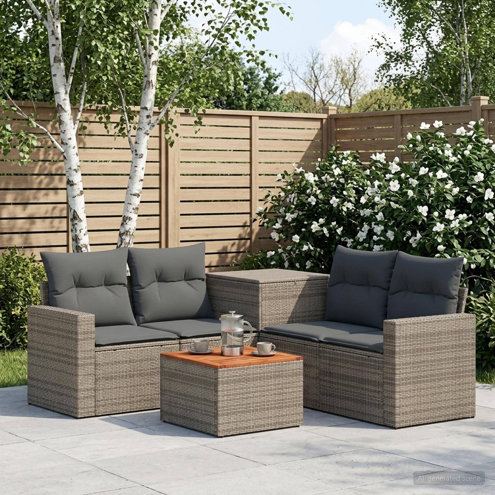 Terrassenset im Freien mit zwei Korbliebessitzen, Couchtisch und grauen Kissen auf einer gepflasterten Terrasse neben einem Holzzaun und blühenden Sträuchern.