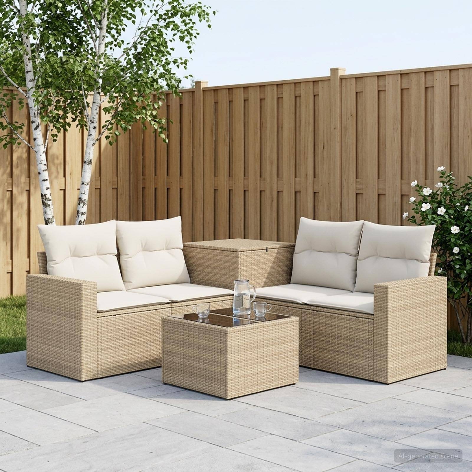 Gartenbereich mit zwei beigen Rattansofas, Kissen und einem passenden Couchtisch auf Steinplatten neben einem Holzzaun.