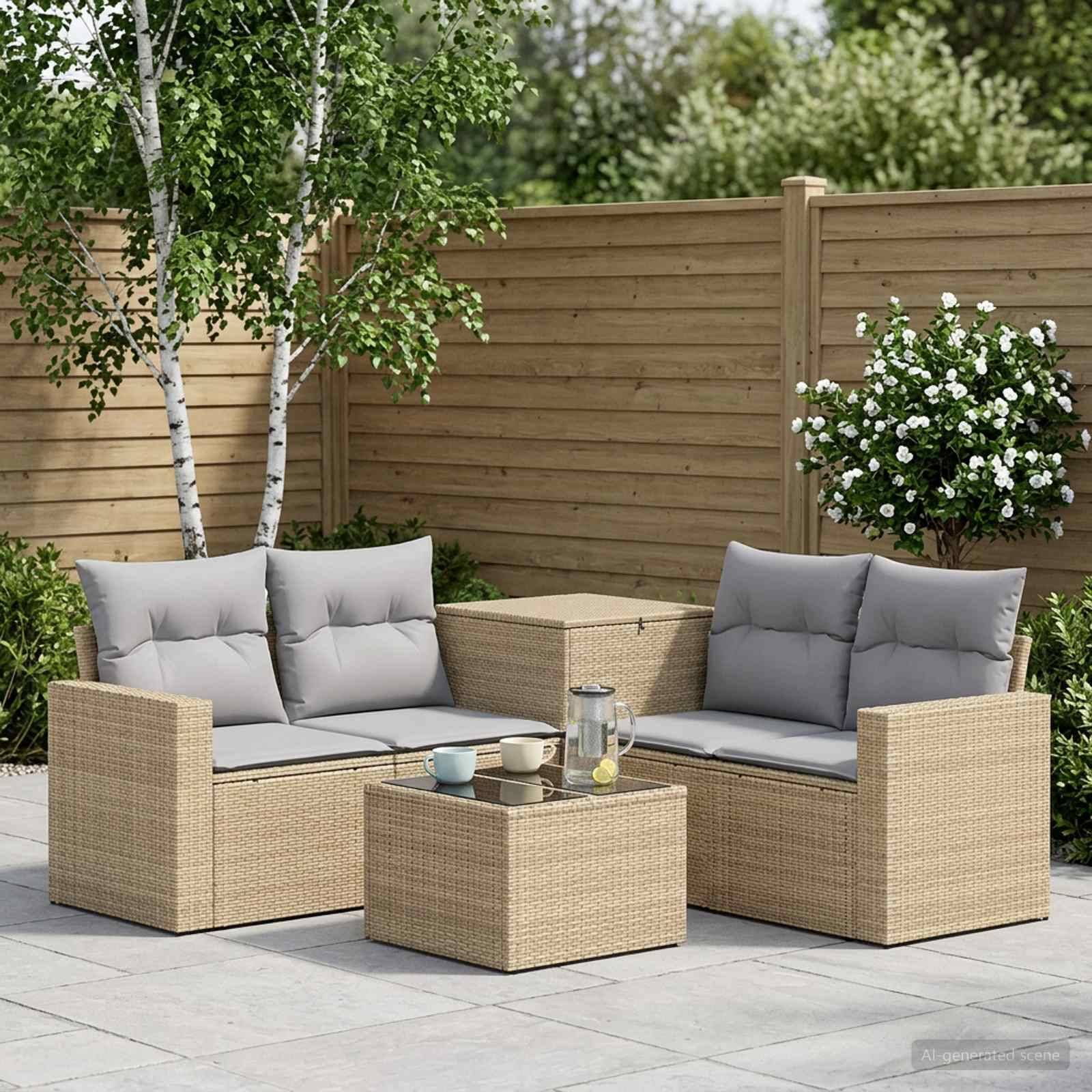 Gartenmöbelset für die Terrasse mit zwei Korbliebessitzen, passendem Tisch und Couchtisch, grauen Kissen und Topfpflanzen neben einem Holzzaun.