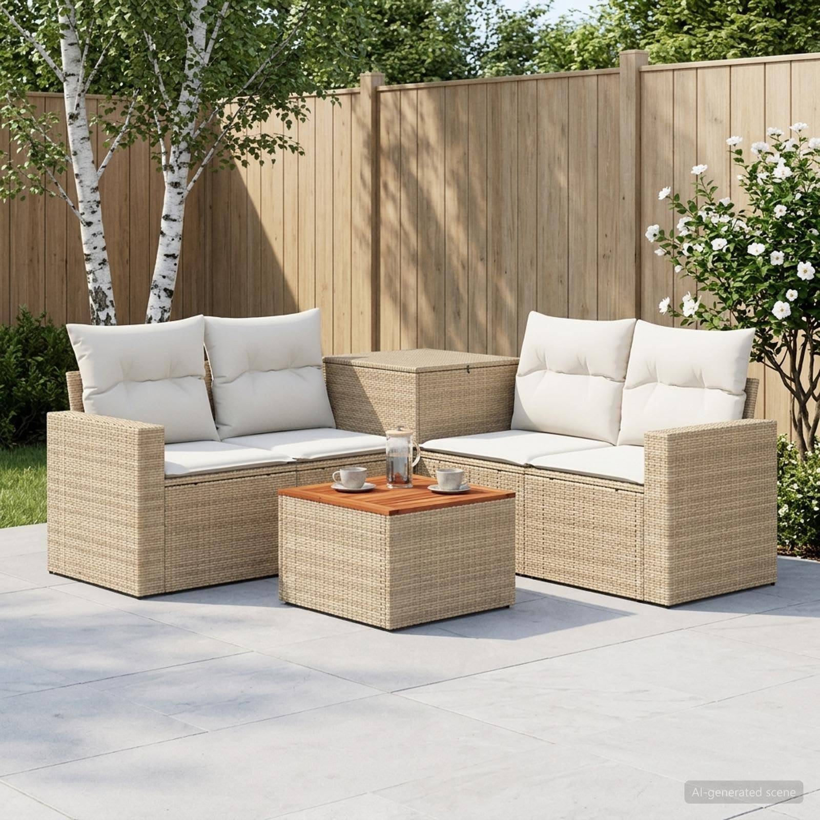 Outdoor-Terrassenmöbelset mit zwei Korbsofas, zwei Couchtischen und weißen Kissen auf einer gepflasterten Terrasse neben einem Holzzaun und Bäumen.