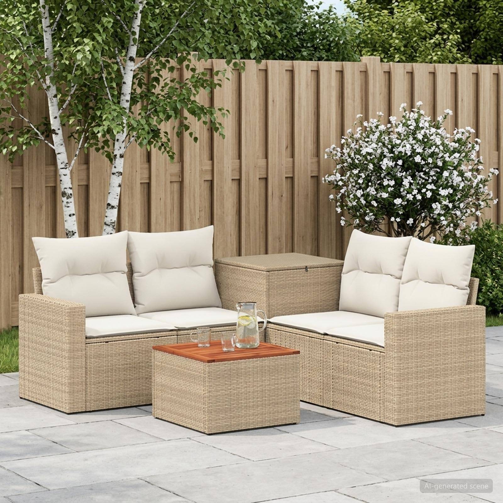 Outdoor-Terrassenmöbel-Set mit zwei Korbsofas, passendem Sitzschemel und Couchtisch, cremefarbenen Kissen und Topfpflanzen vor einem Holzzaun.