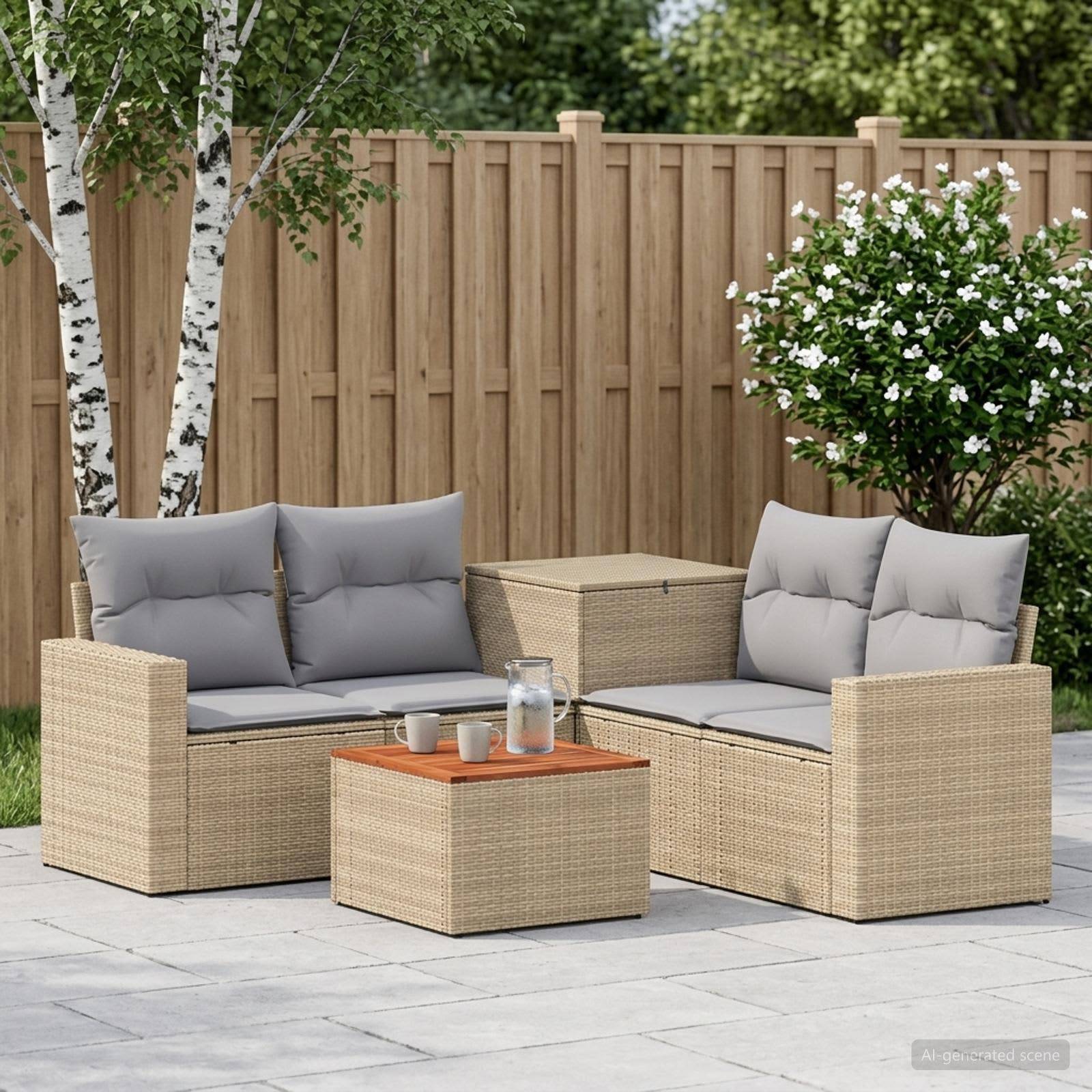 Gartenset für die Terrasse mit zwei Korbsofas, grauen Kissen, Couchtisch und Aufbewahrungsbox in einer eingezäunten Gartenanlage.