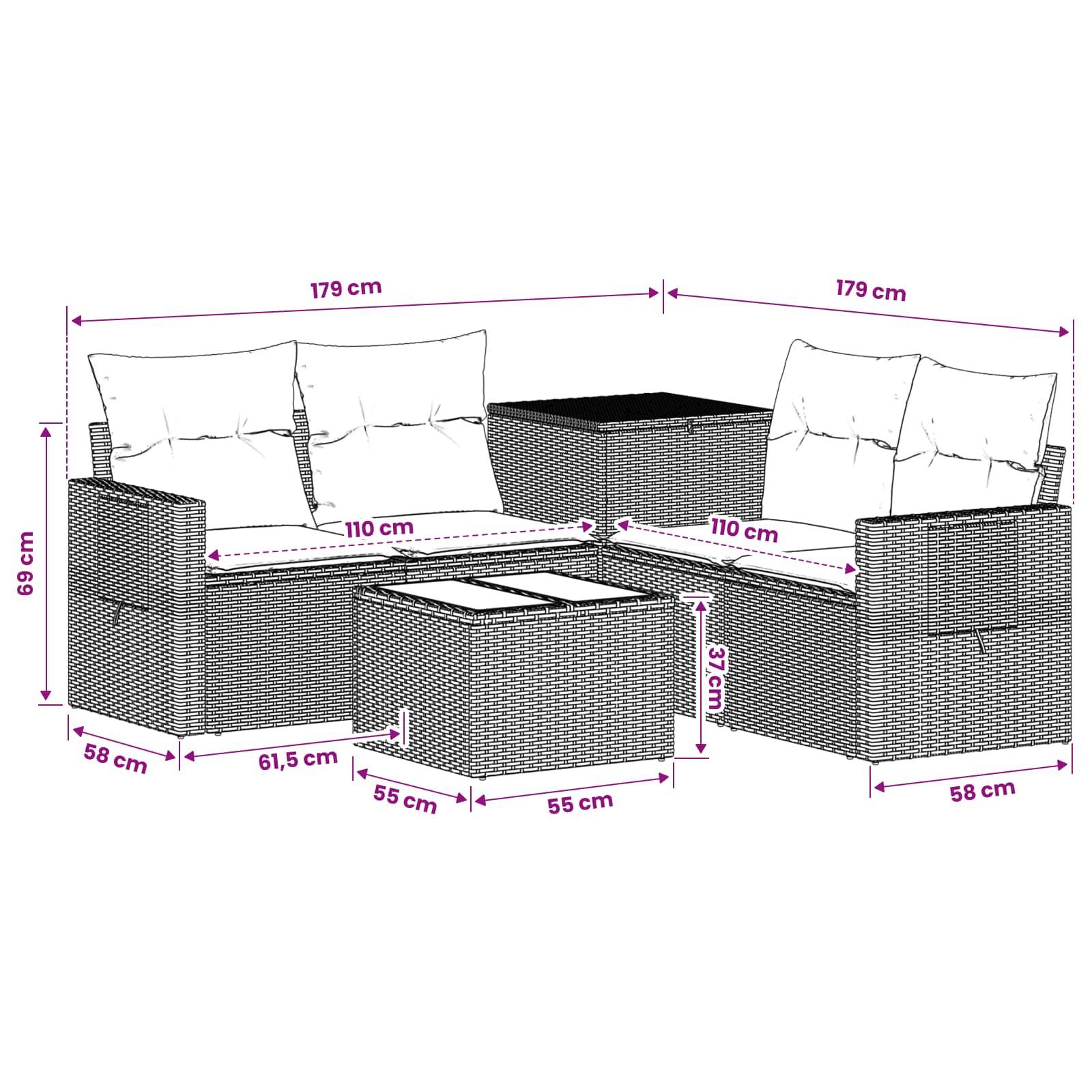 Diagramm eines modularen Outdoor-Korbesofas mit Ecke und Couchtisch mit Abmessungen in cm: 179 cm Seitenseiten, 110 cm Sitze, 69 cm Höhe, 58/61,5/55 cm Tiefen und 37 cm Tischhöhe.