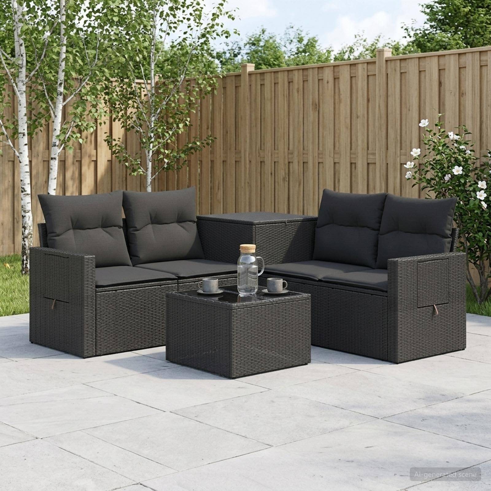 Sitzgarnitur für die Terrasse im Freien mit zwei dunklen Rattansofas, einem passenden Couchtisch und Kissen auf einer gekachelten Terrasse neben einem Holzzaun und Sträuchern.
