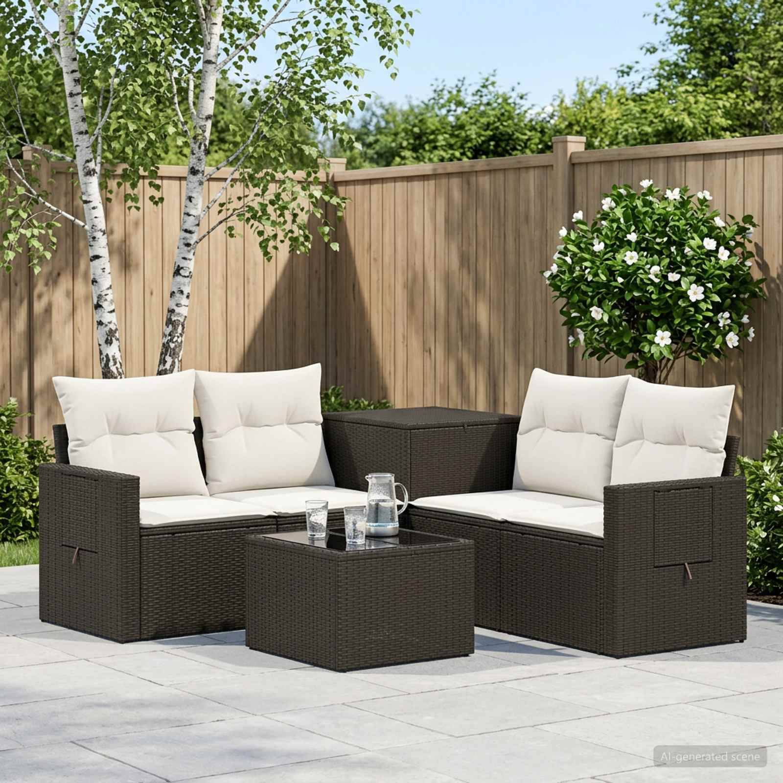 Gartenmöbel-Sitzgruppe mit dunklem Rattan-Loveseat, Stühlen, Kissen und Couchtisch auf einer gefliesten Terrasse neben einem Holzzaun und Bäumen.