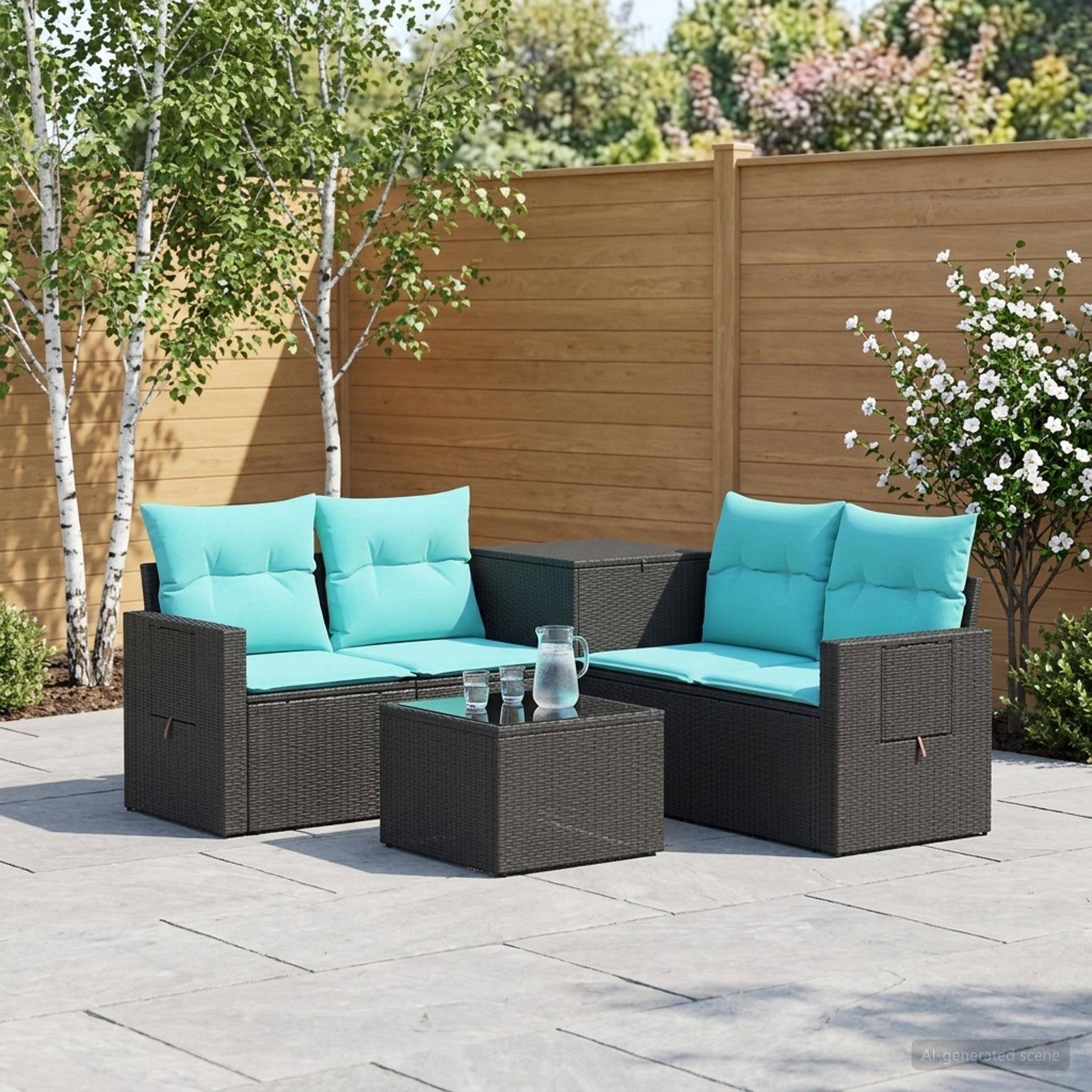 Gartenmöbel-Set für die Terrasse mit zwei Korb-Zweisitzern, türkisfarbenen Kissen und einem kleinen Glastisch in einer gestalteten Gartenlandschaft.