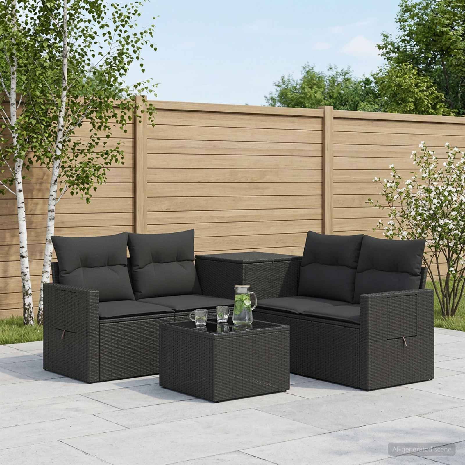 Outdoor-Sitzmöbel-Set mit zwei schwarzen Rattan-Liebessitzen, passendem Tisch und glsernem Krug auf einer gekachelten Terrasse neben einem Holzzaun und Bäumen.