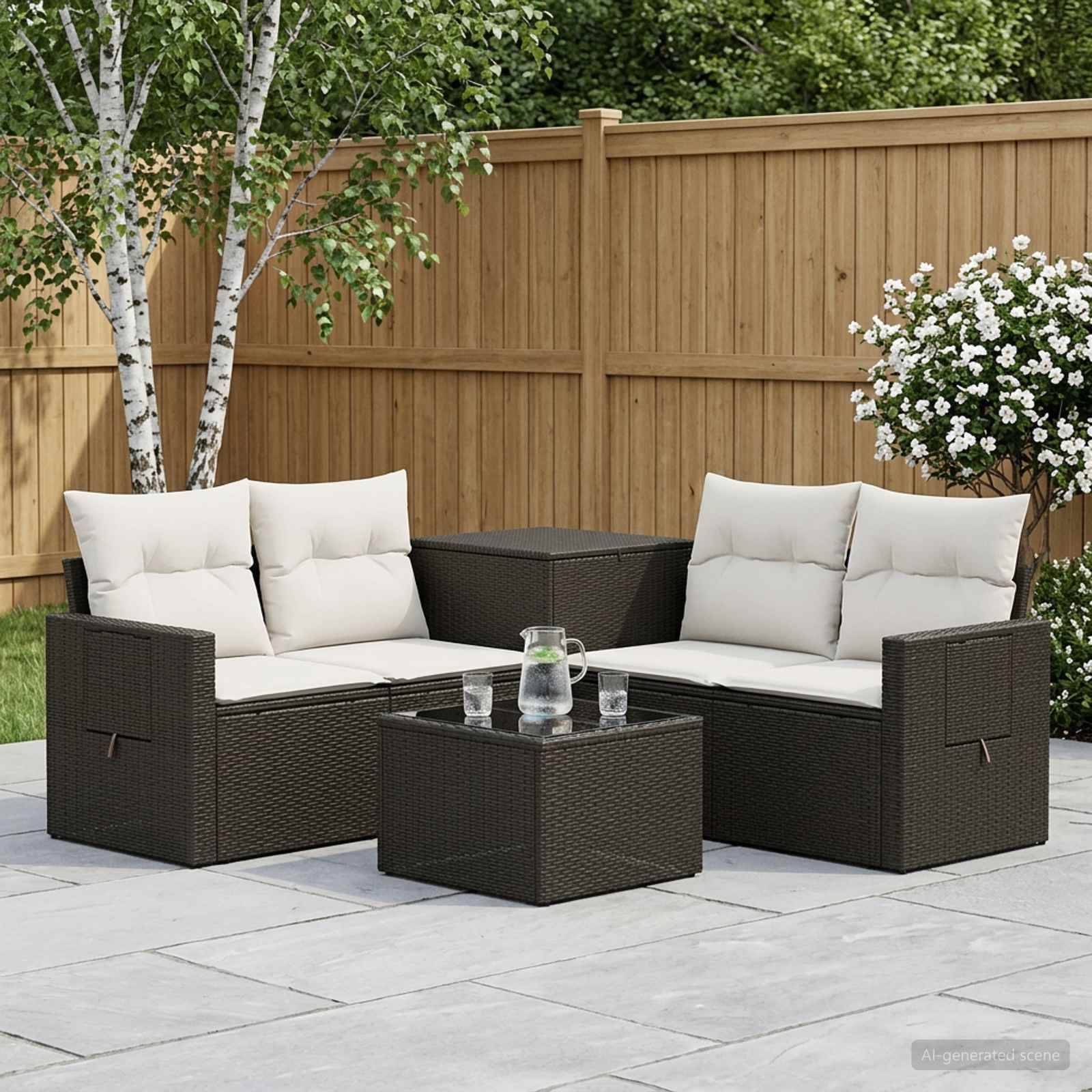 Outdoor-Sitzmöbel-Set mit zwei Korbliebessitzen, Couchtisch und Beistelltisch auf einer gepflasterten Terrasse neben einem Holzzaun und Bäumen.