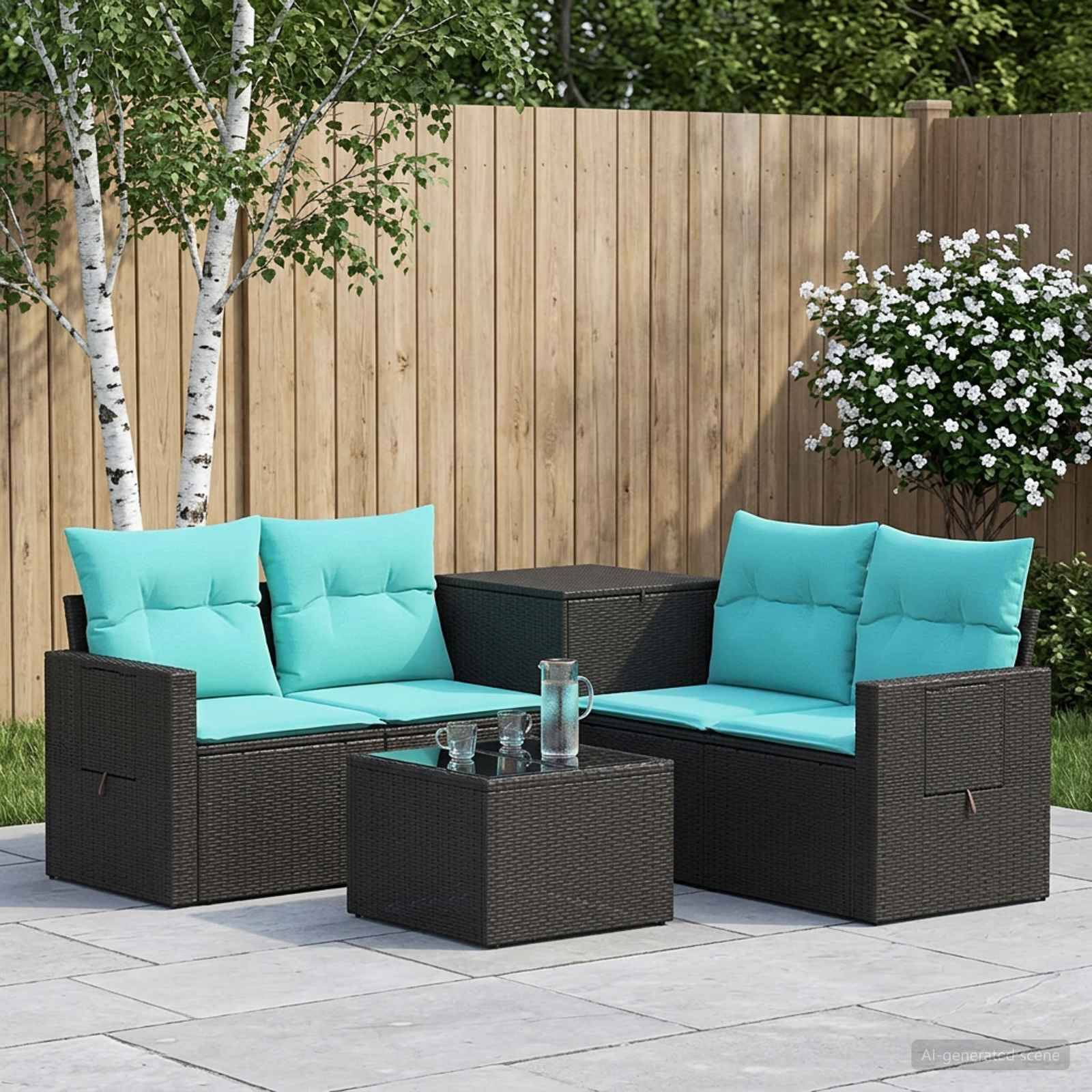 Outdoor-Terrassenmöbel-Set mit zwei dunkelgewebten Sofas, türkisfarbenen Kissen und passendem Couchtisch auf einer Steinterrasse