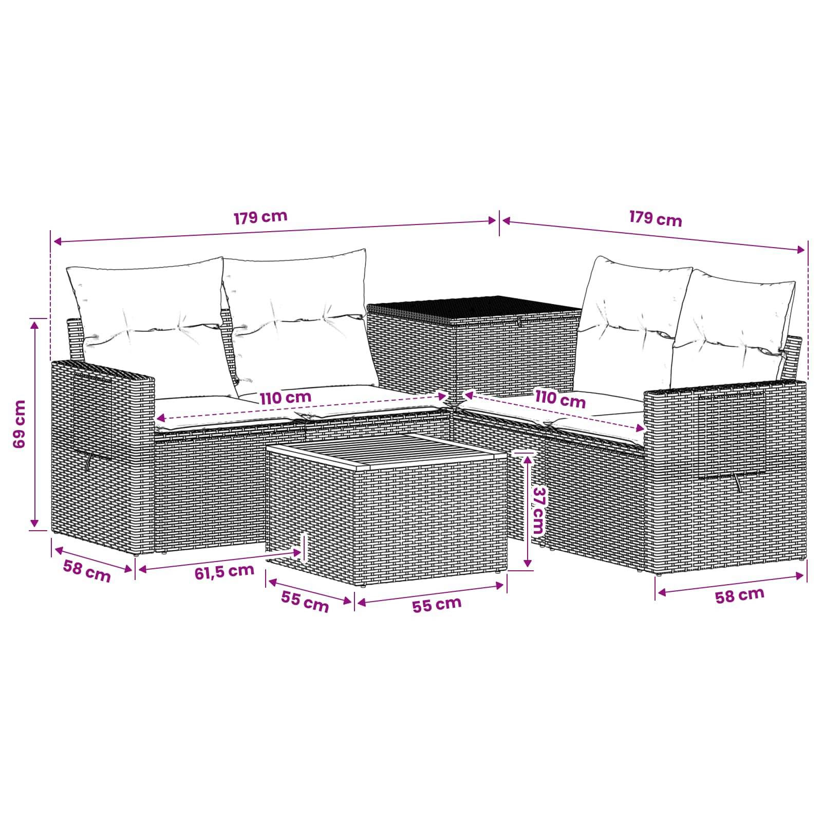 L-förmiges Outdoor-Rattansofa-Set mit Couchtisch und Beistelltisch, mit Abmessungen: 179 cm Elemente, 69 cm Höhe, 58 cm Tiefe, 110 cm Sitzbankbreite, 55 cm Tischgröße.