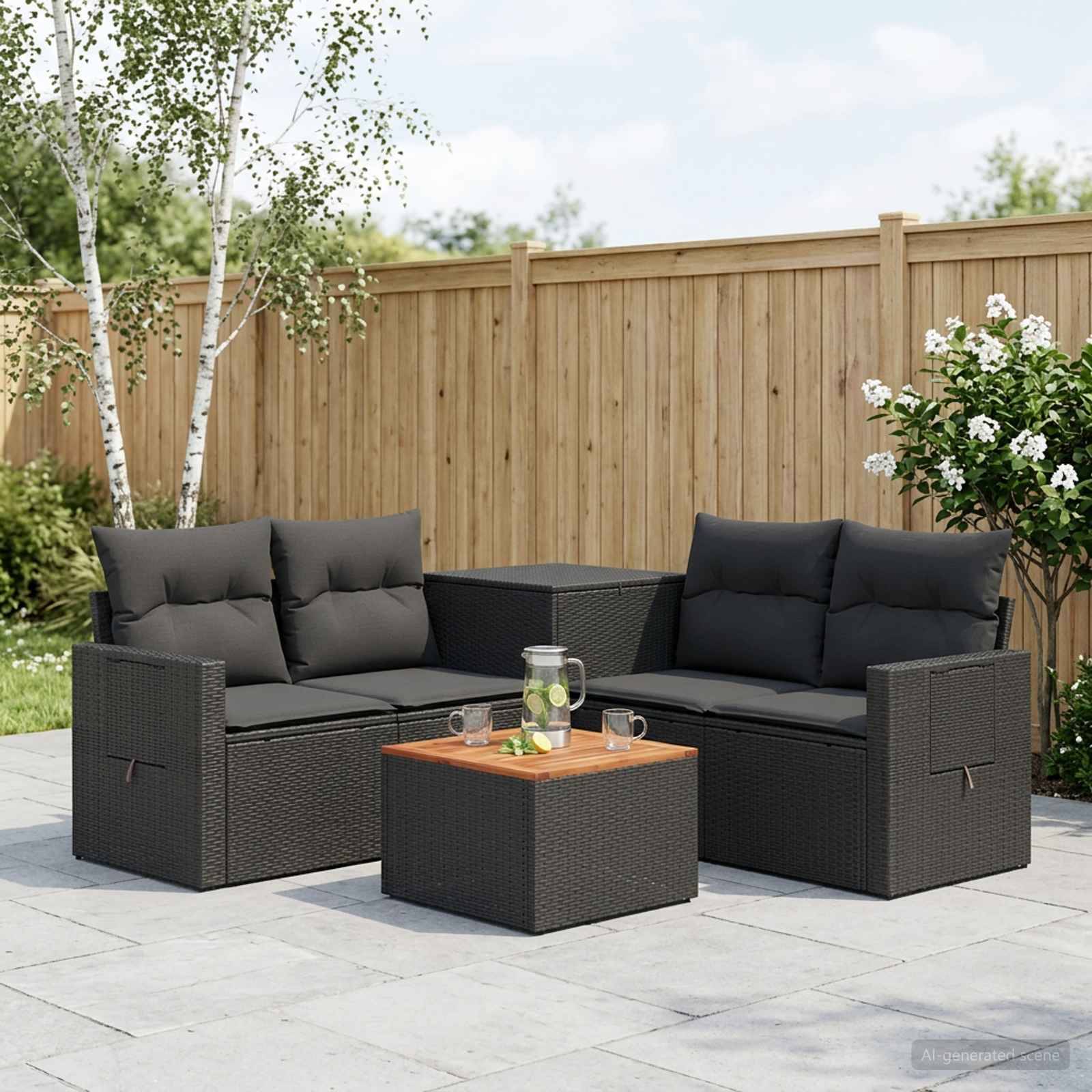 Außenpatio mit dunklem Rattan-Ecksofa-Set, quadratischem Couchtisch und Kissen auf einem gepflasterten Hof vor einem Holzzaun.