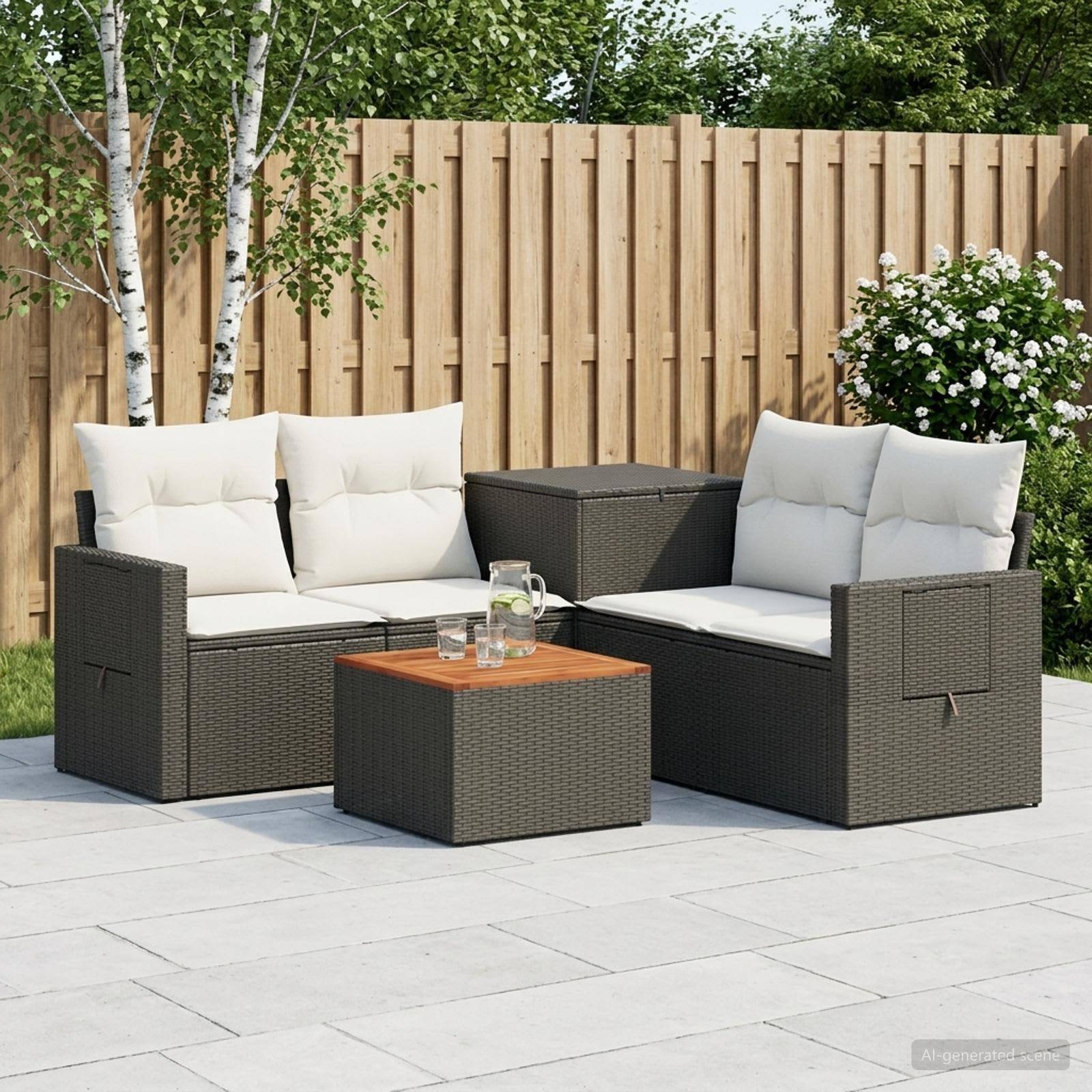 Outdoor-Sitzmöbelset für die Terrasse mit zwei dunklen Rattan-Sofas, einem kleinen passenden Tisch und weißen Kissen auf einer gekachelten Terrasse neben einem Holzzaun.