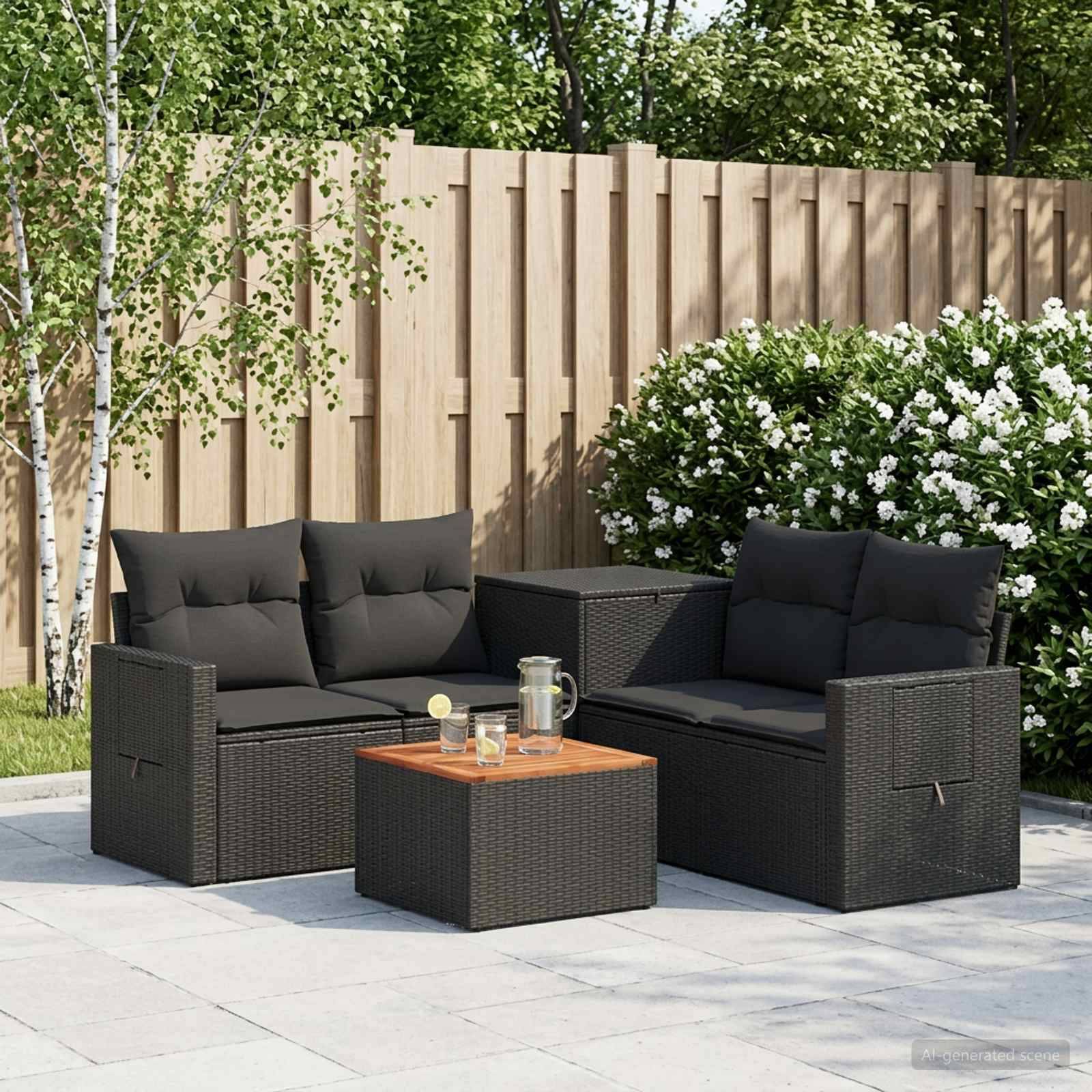 Terrasse im Freien mit zwei dunklen Korbsofas, einem passenden Couchtisch und Getränken auf einer hellen Steinterrasse neben einem Holzzaun und blühenden Büschen.