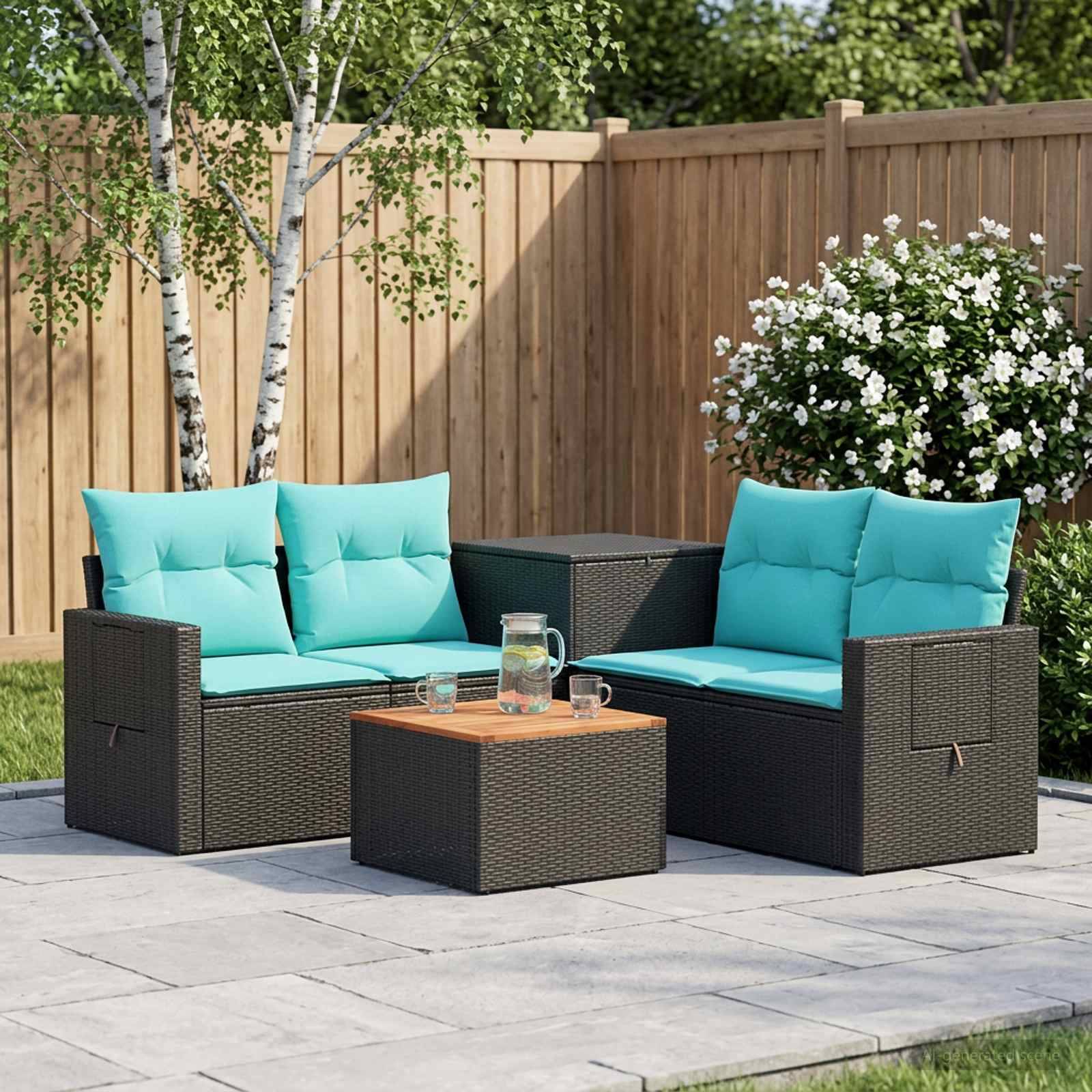 Außenbereich einer Terrasse mit zwei dunklen Rattanlehnstühlen, türkisfarbenen Kissen und einem niedrigen Tisch auf Steinplatten vor einem Holzzaun und einem blühenden Strauch.