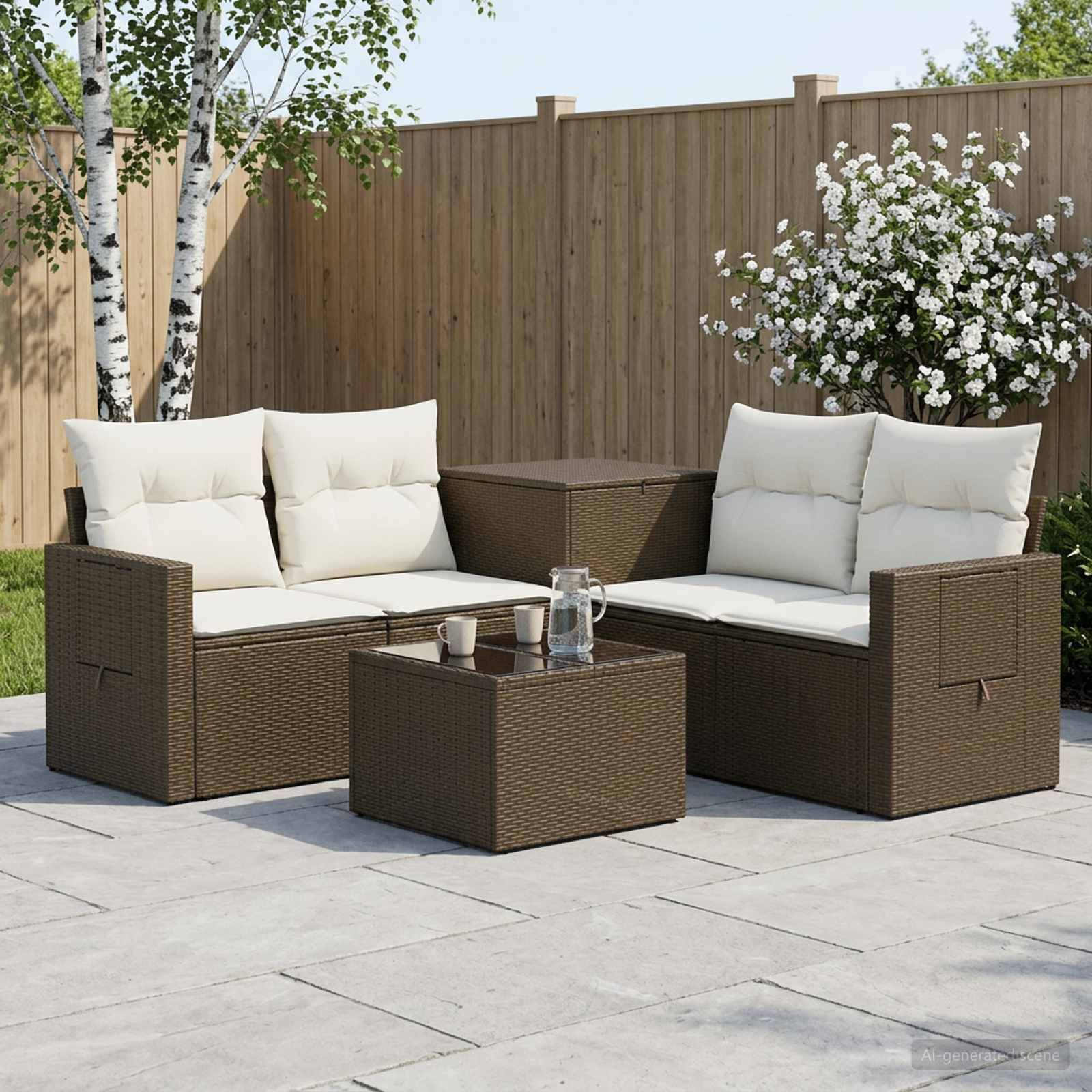 Gartenbestuhlung im Freien mit braunem Rattansofa und Stühlen, weißen Kissen und passendem Couchtisch auf einer Steinterrasse neben einem Holzzaun und blühendem Strauch.