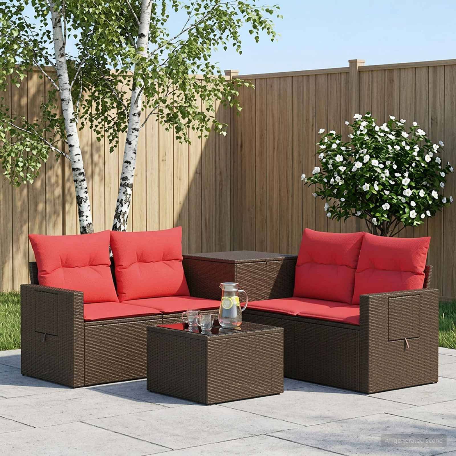 Outdoor-Sitzgarnitur mit roten Polstern, zwei Korb-Zweisitzer-Sofas und einem Couchtisch auf einer Steinterrasse neben einem Holzzaun und Birken.