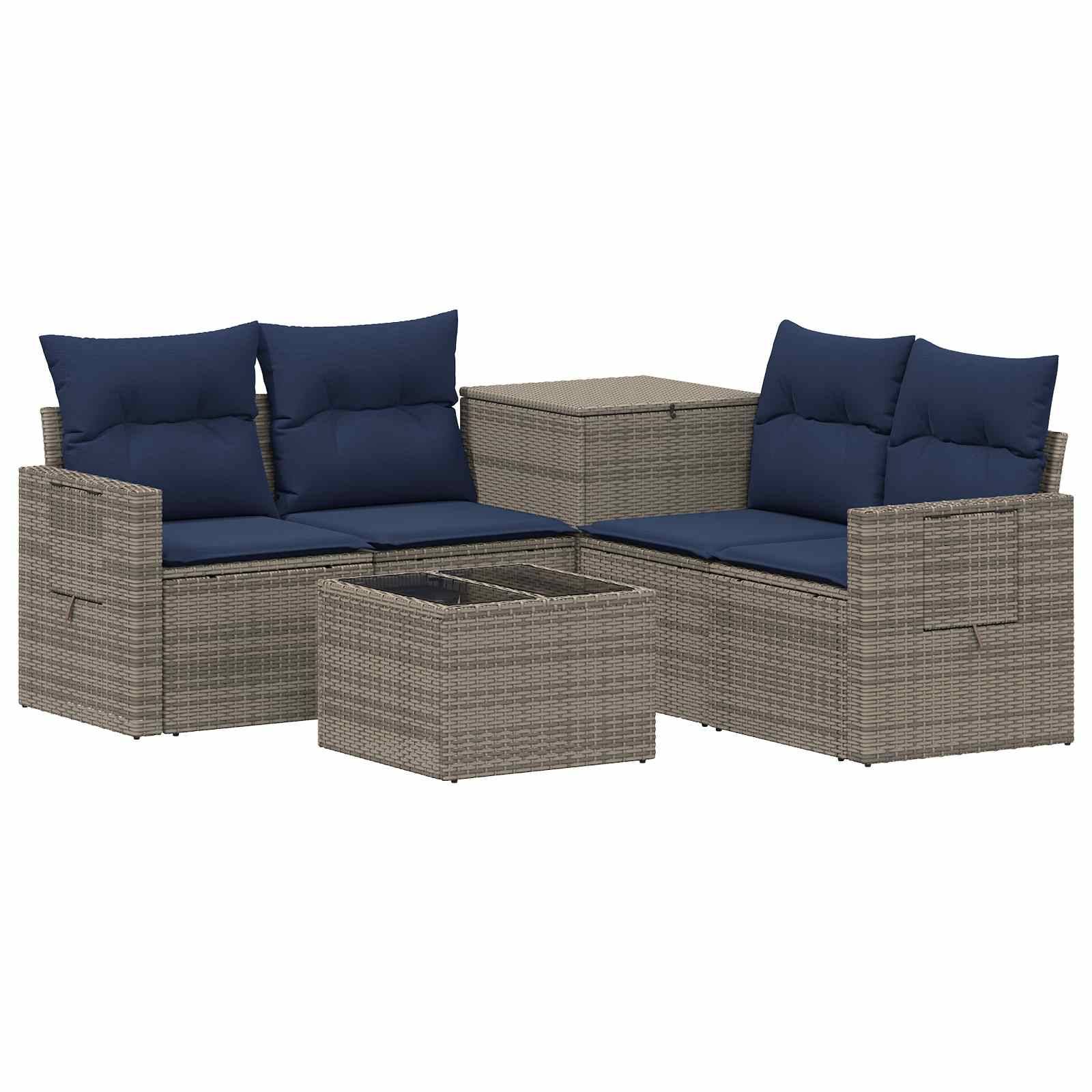 Outdoor-Polyrattan-Gartenmöbel-Set mit zwei Loungesessel mit marineblauen Kissen, zwei Beistelltischen mit Stauraum und einem passenden Couchtisch