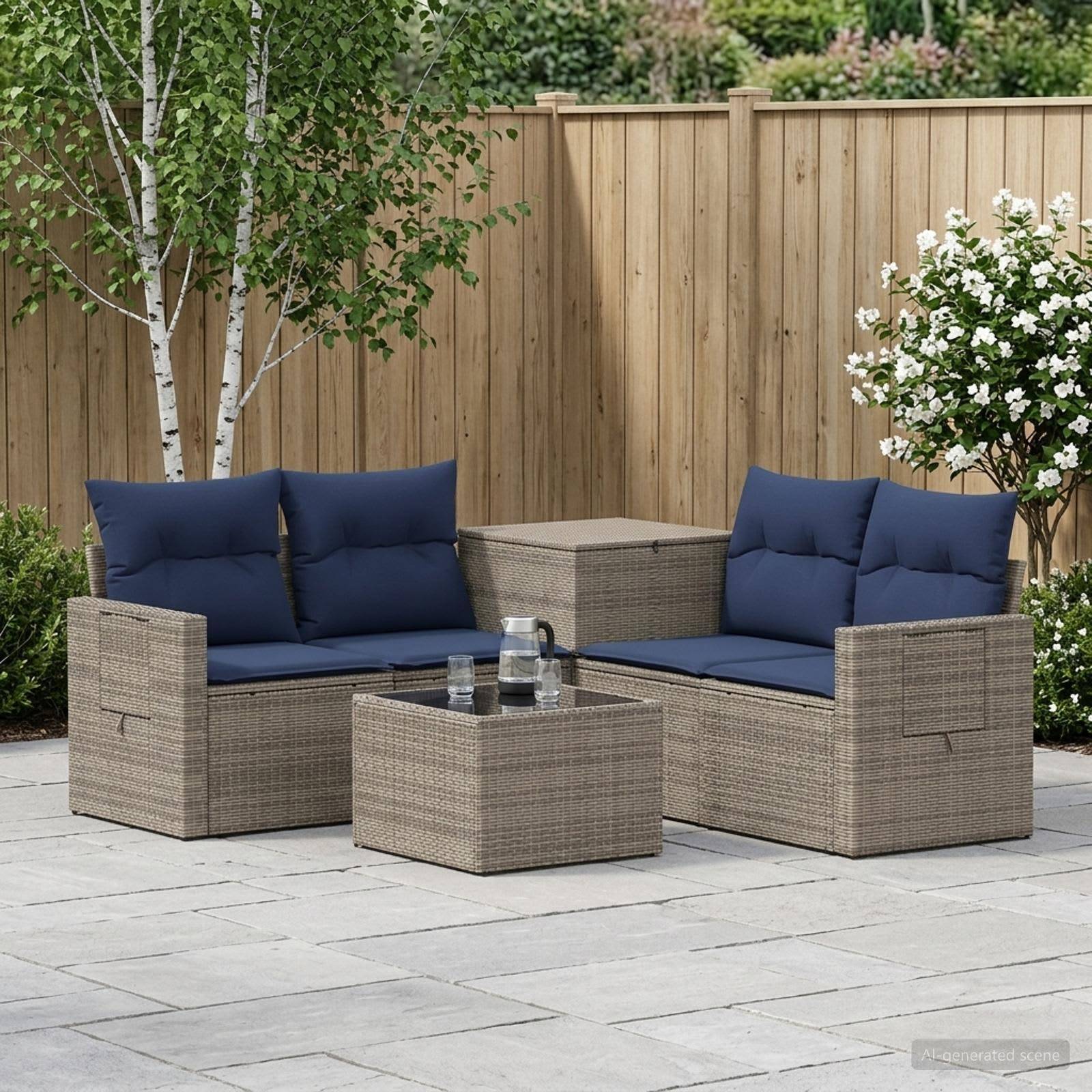Gartenmöbelset für die Terrasse mit zwei Korbsofas, marineblauen Kissen und passenden Kaffee- und Beistelltischen auf einer Steinterrasse.