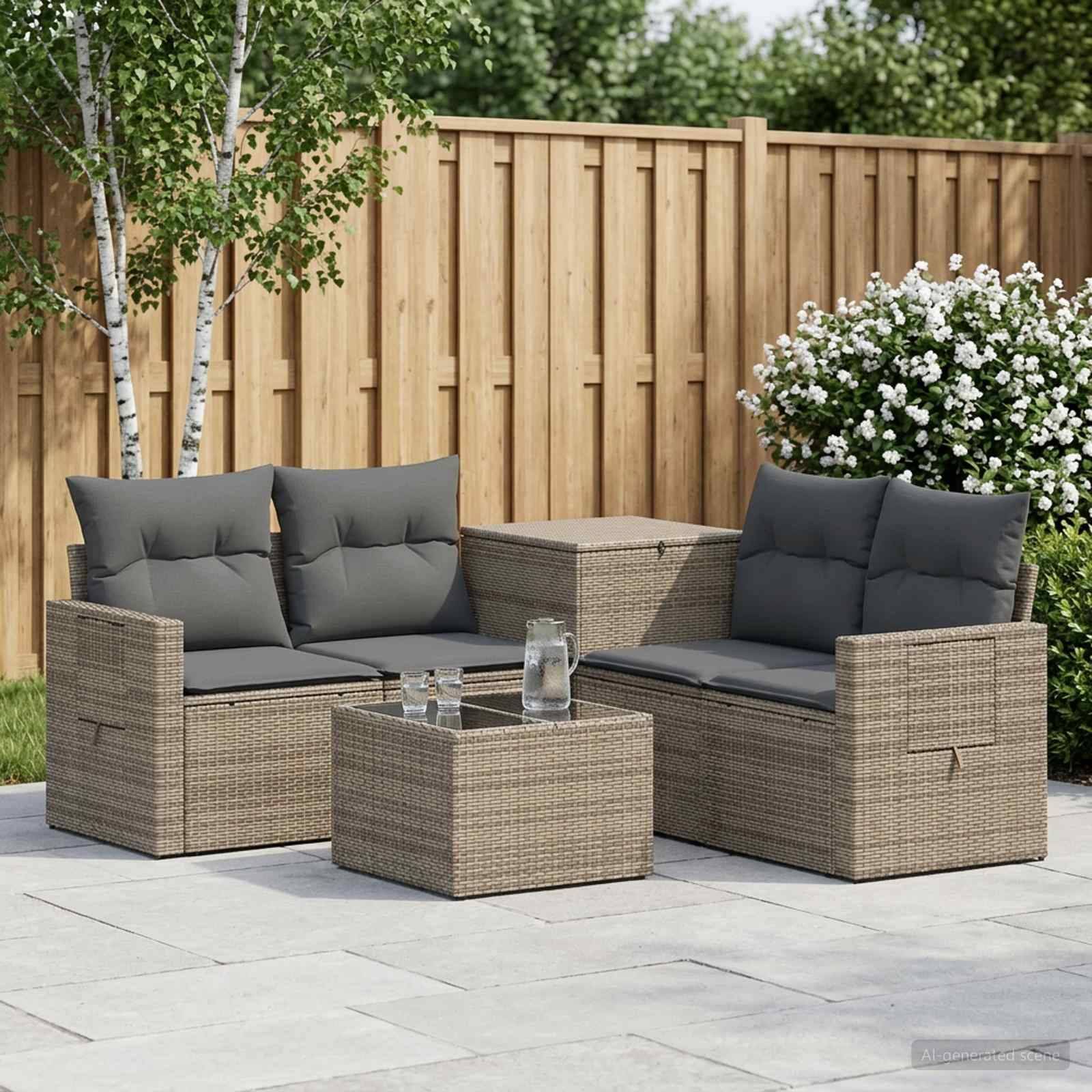 Outdoor-Terrassenmöbelset mit zwei Korbliebessitzen, passendem Tisch und Ottomane, dunklen Kissen und einem Holzzaun im Hintergrund.