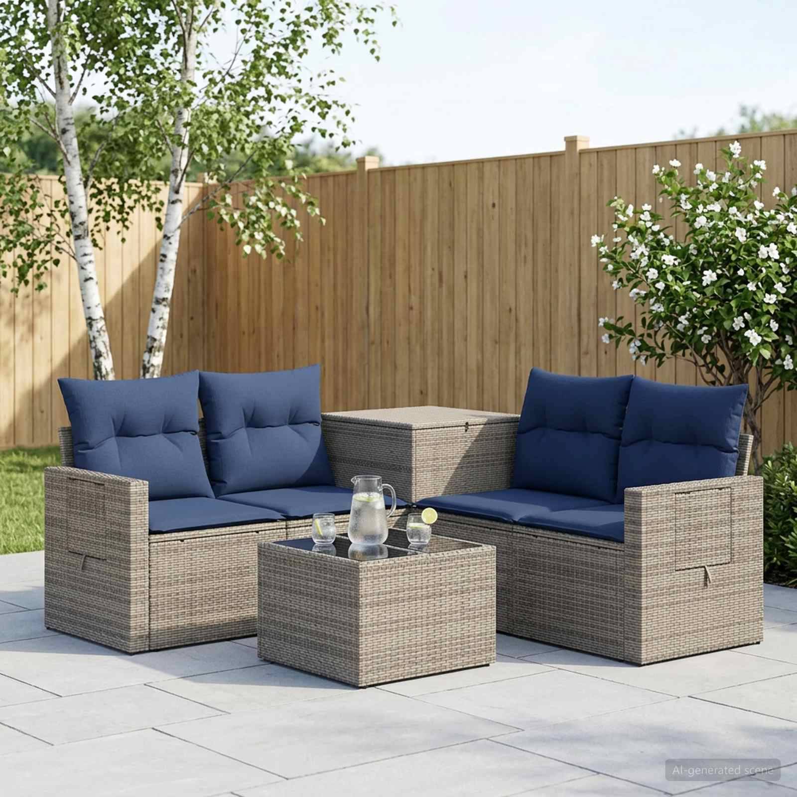 Outdoor-Terrassensitzgarnitur mit zwei Korbsofa, blauen Kissen und passendem Couchtisch auf einer gefliesten Terrasse neben einem Holzzaun und Pflanzen.