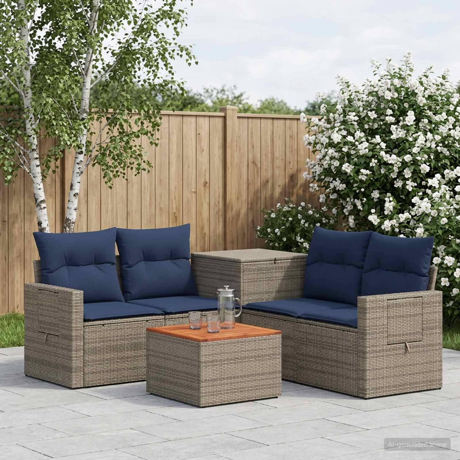 Sitzgarnitur für die Terrasse im Freien mit zwei geflochtenen Zweisitzern, marineblauen Kissen und einem kleinen Couchtisch mit Holzplatte in einem eingezäunten Garten.