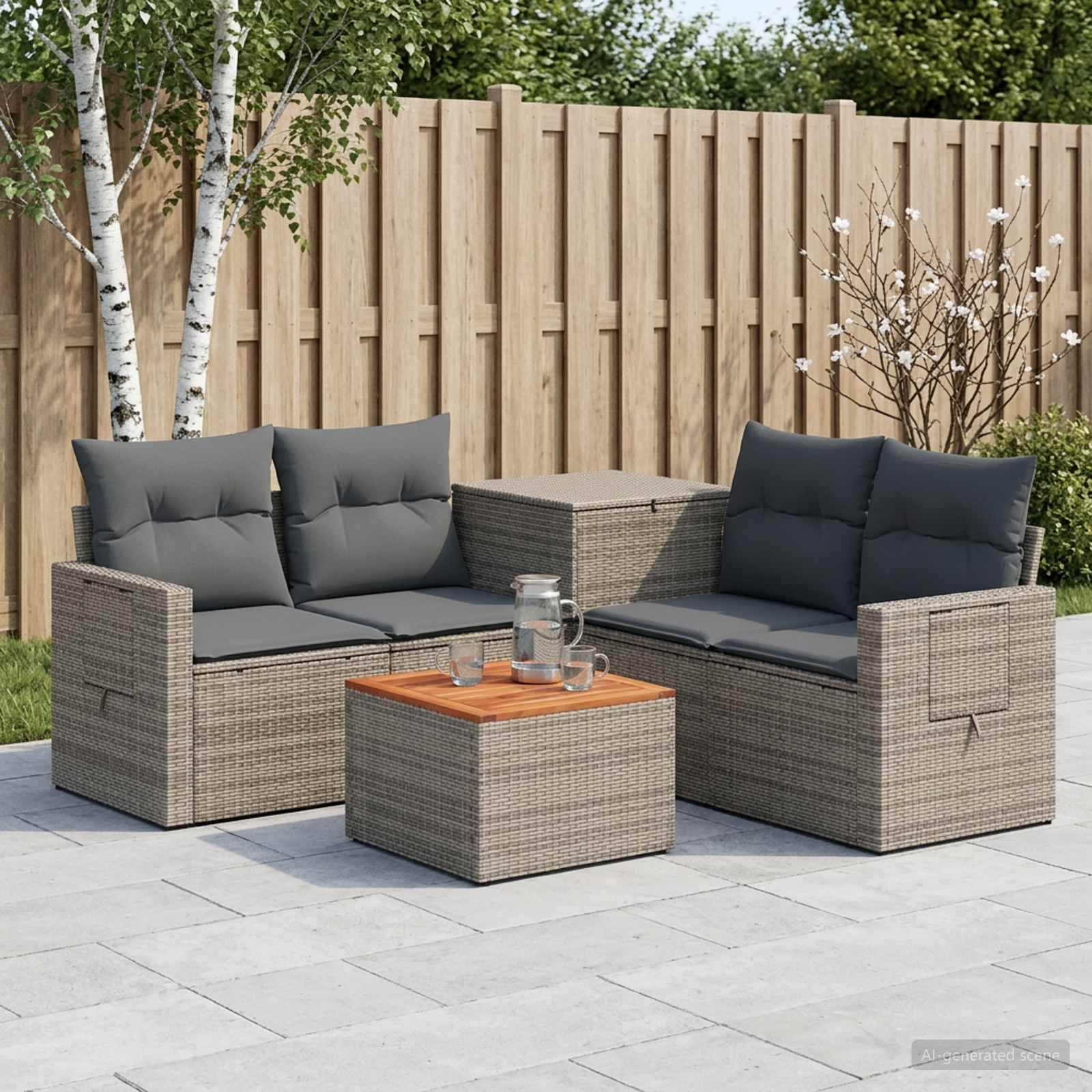 Gartenmöbel-Set für die Terrasse mit zwei Rattan-Sofas, passendem Ottomane/Tisch und dunklen Kissen auf einer gepflasterten Terrasse neben einem Holzzaun und Bäumen.