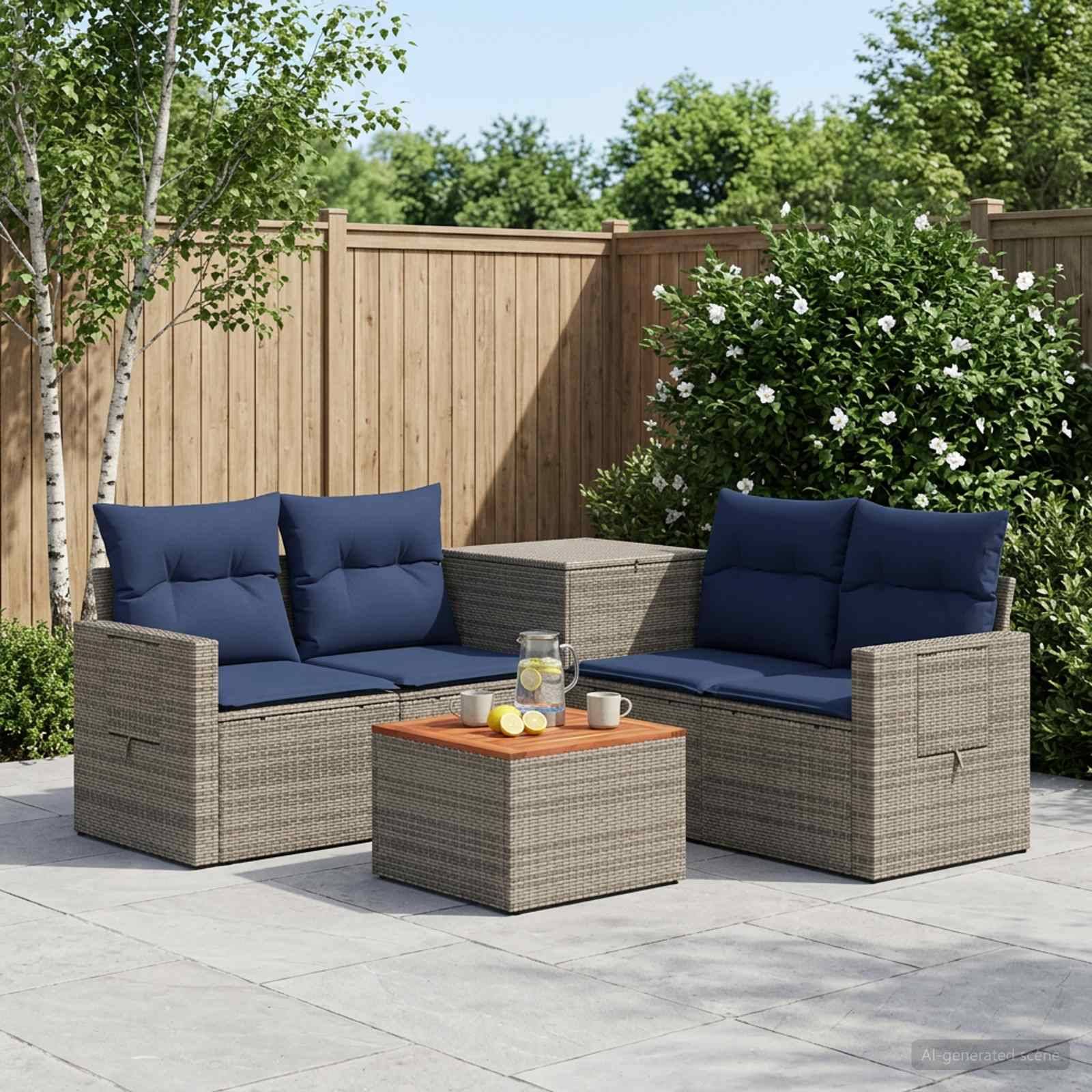 Outdoor-Terrassensitzgruppe mit zwei Korbsofas, blauen Kissen und einem passenden Tisch mit Getränken in einem Hinterhofgarten.