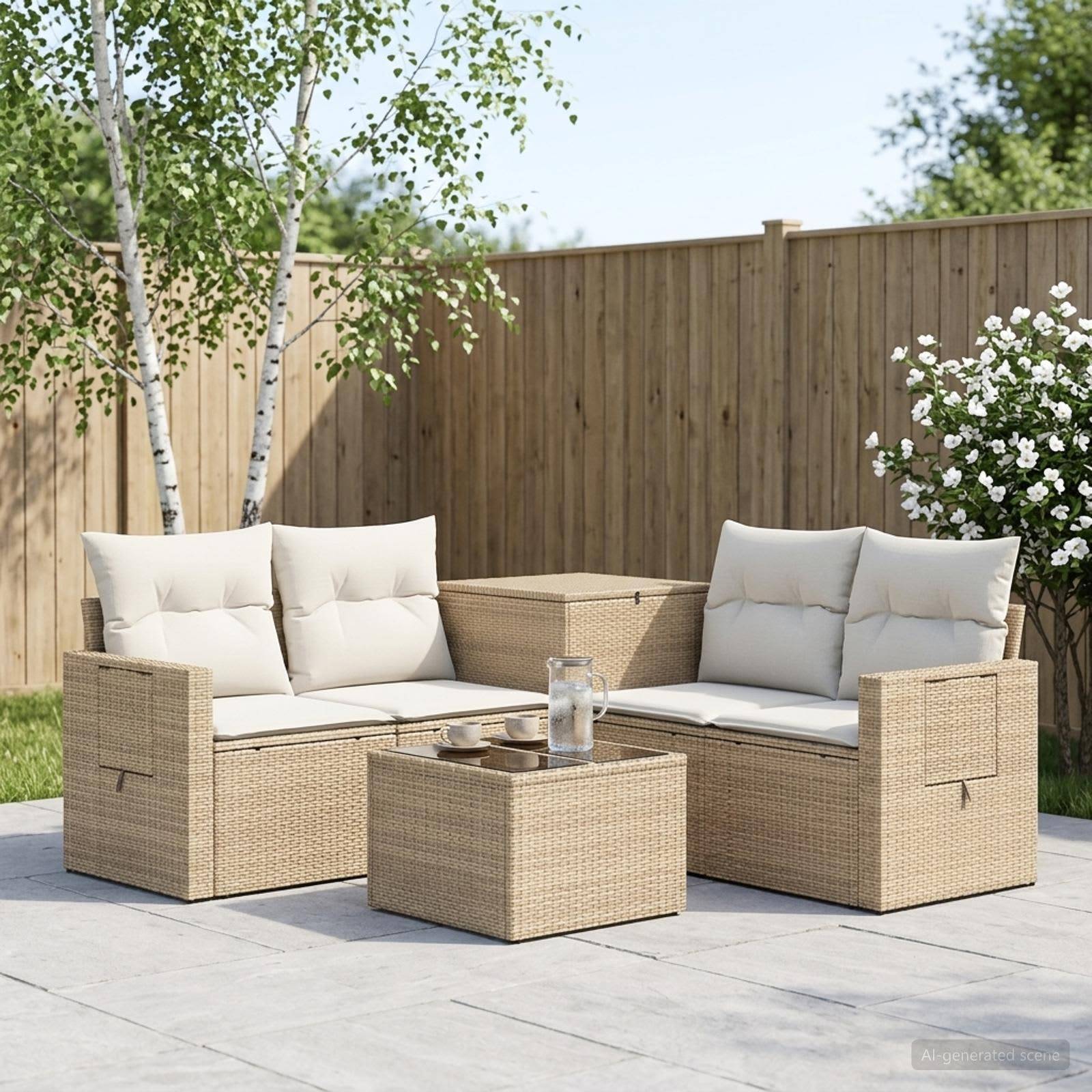 Gartenmöbelset im Freien mit zwei beigen Rattanliebessitzen, passendem Tisch und cremefarbenen Kissen auf einer Steinterrasse neben einem Holzzaun und Bäumen.