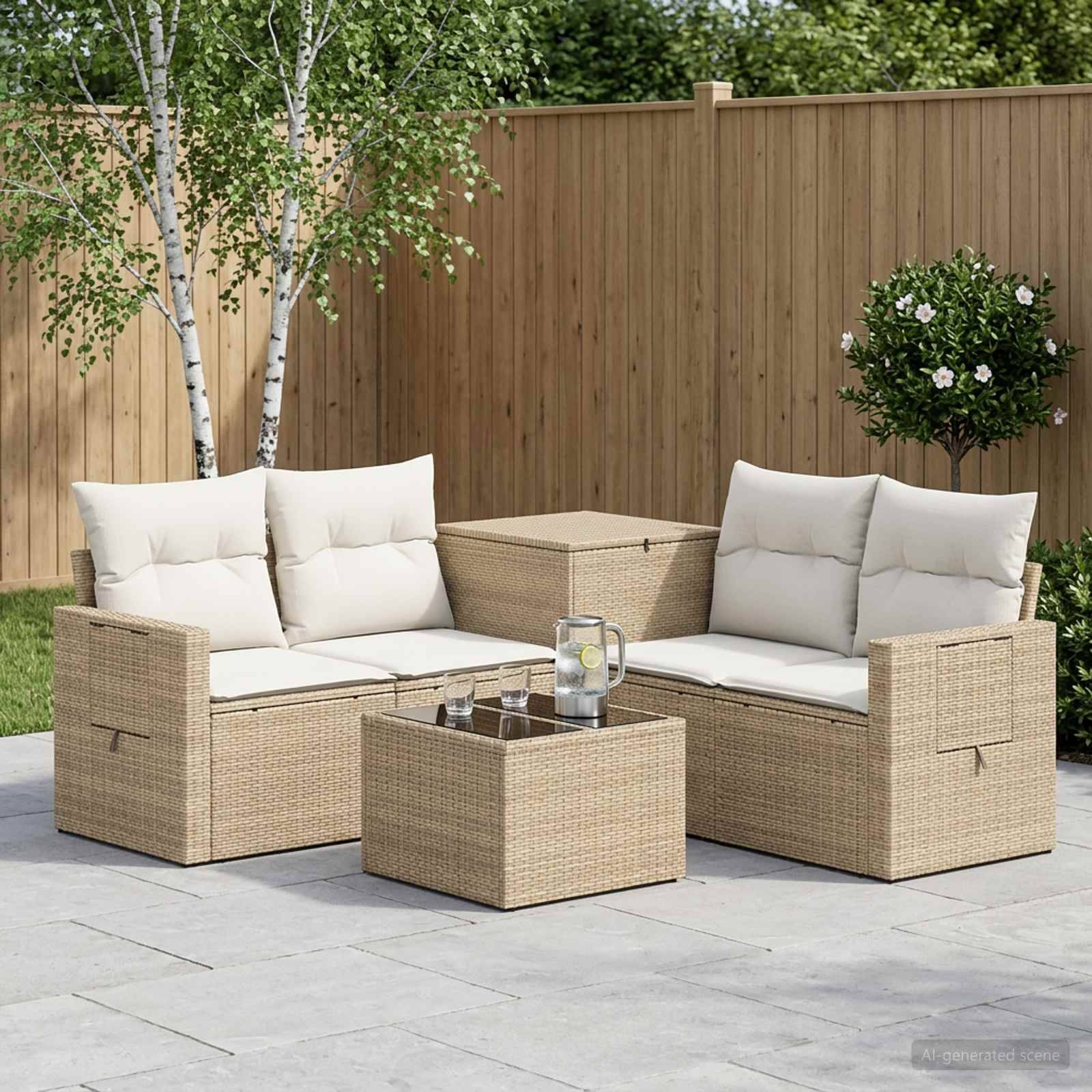 Gartenmöbel-Set für die Terrasse mit zwei Korbsofas, gepolsterten Stühlen und einem passenden Couchtisch auf einer eingezäunten Gartentetrasse.