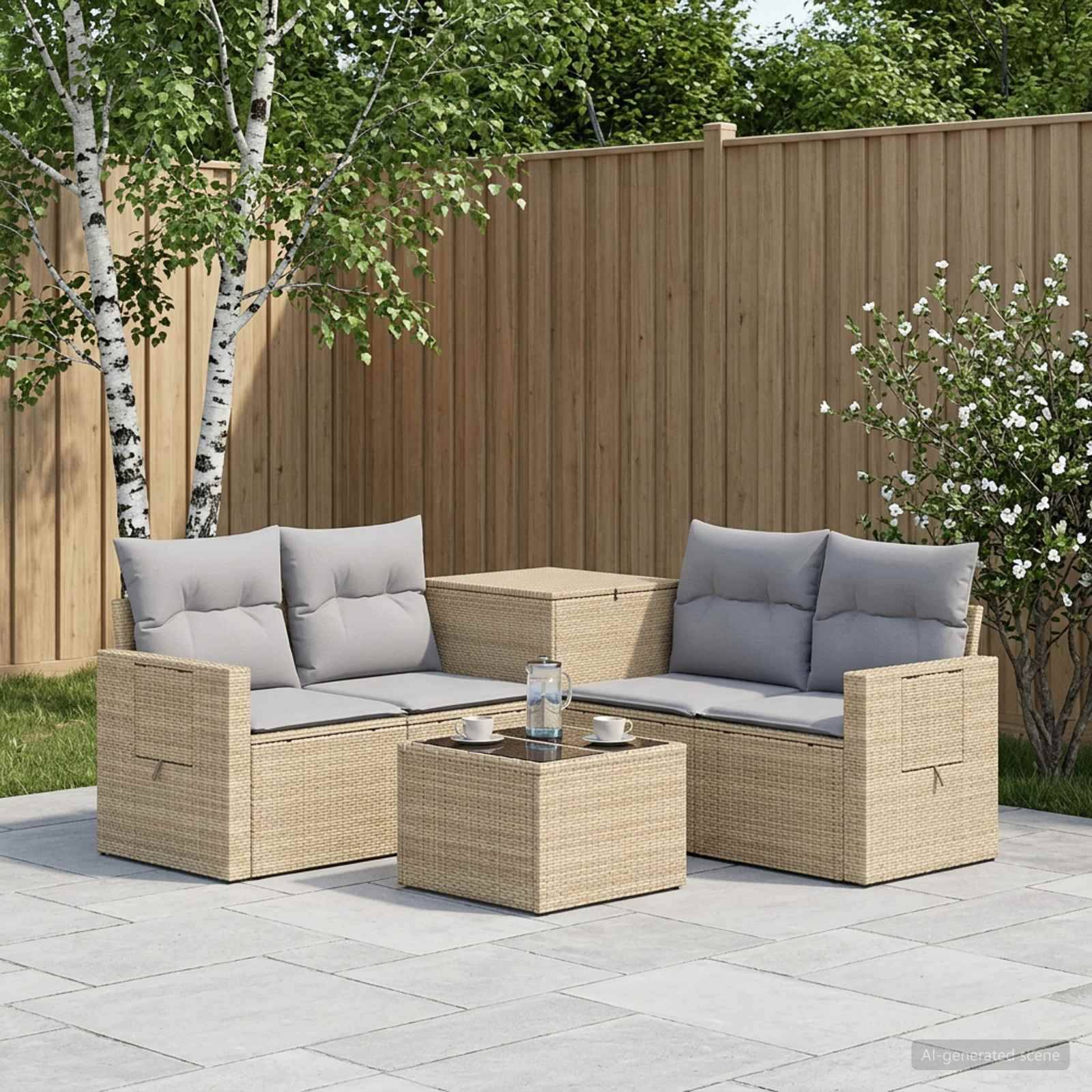 Gartenpolstermöbel-Set mit zwei Korbsofas, passendem Pouf und Couchtisch, arrangiert auf einer gepflasterten Terrasse mit Bäumen und Zaun.